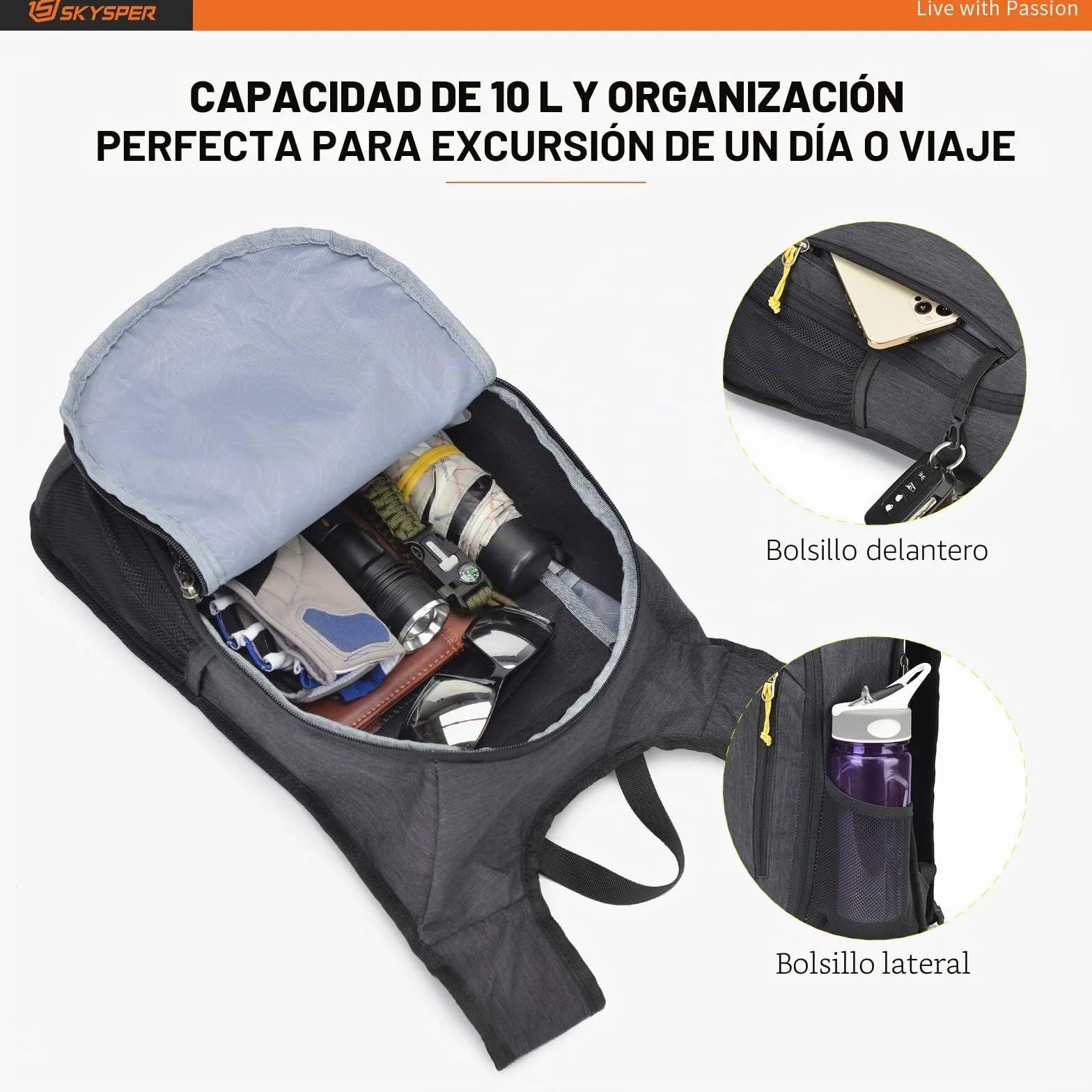 SKYSPER Mochila Plegable Ultraligera 10L de Viaje Pequeña Ahorra Espacio para Hombre Mujer Senderismo, Negro