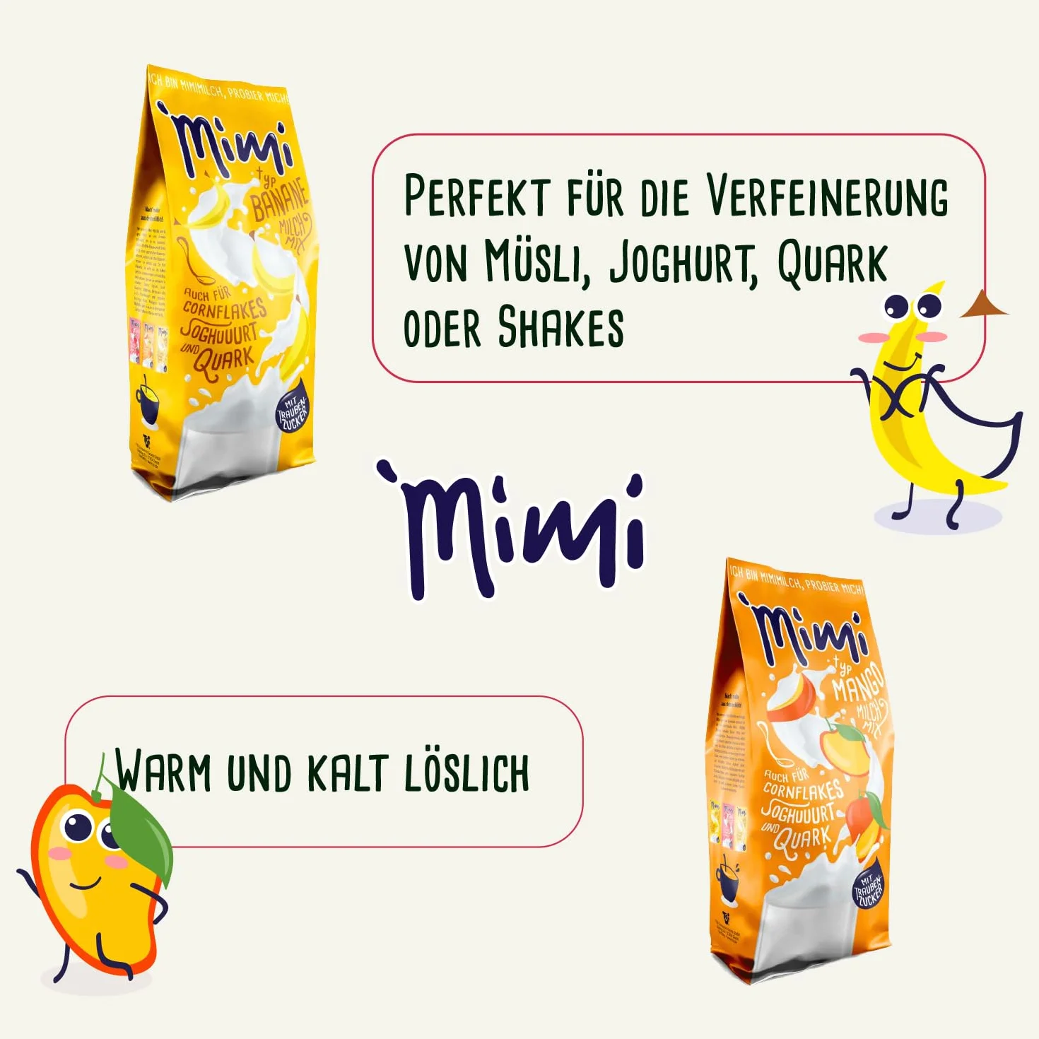 Mimi - Pack de 8 mezclas de leche en polvo (2 paquetes de 400 g cada uno), diseño de plátano, fresa, mango y vainilla, ideal para el tiempo libre, la escuela o para llevar para cualquier excursión