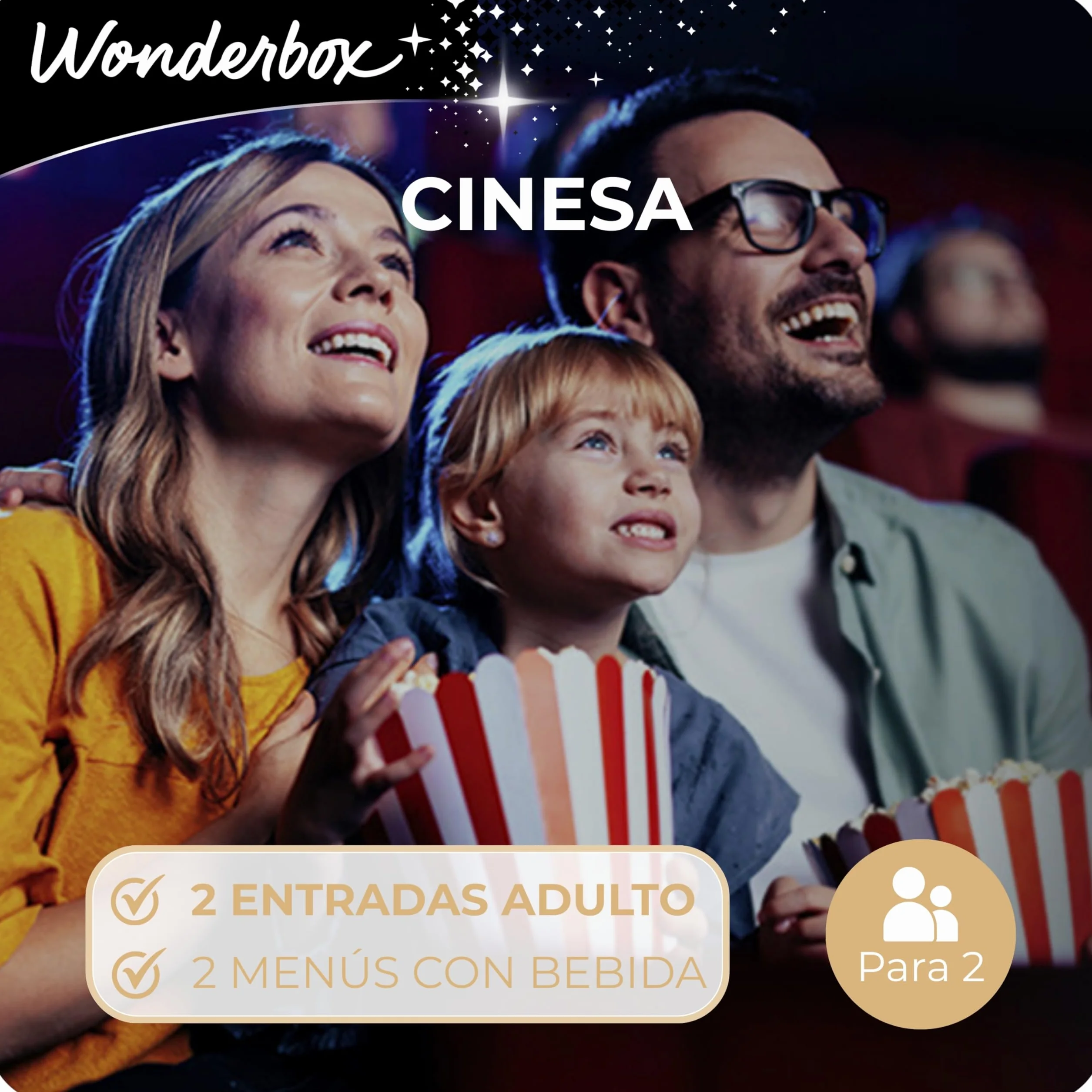 WONDERBOX Caja Regalo Cine menú 2 Personas 2 entradas Cine 2 menús Palomitas Bebidas Válido 3 años