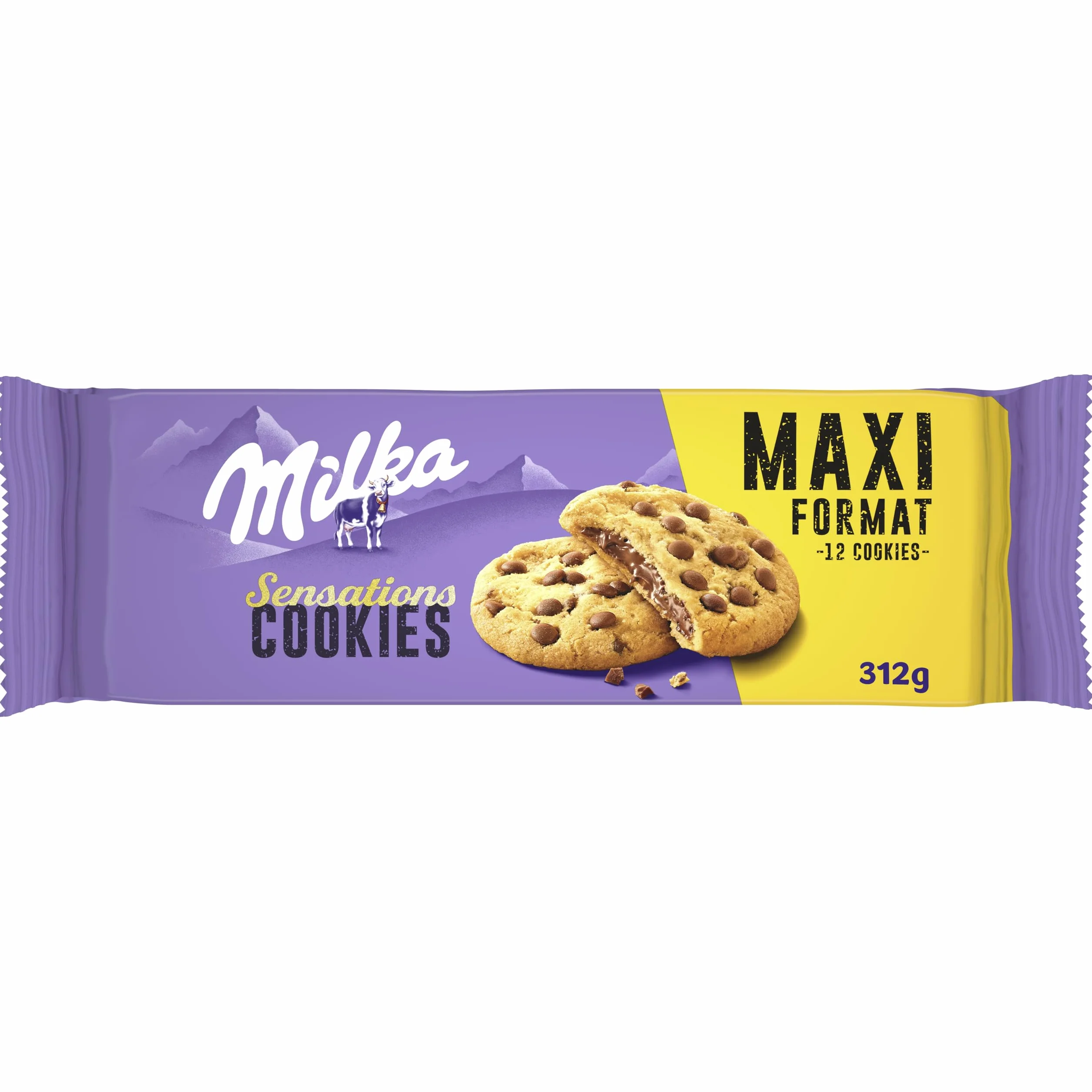 Milka Sensations Galleta Cookie con Pepitas de Chocolate con Leche, Relleno de Chocolate con Leche de los Alpes, Formato Maxi 312 g