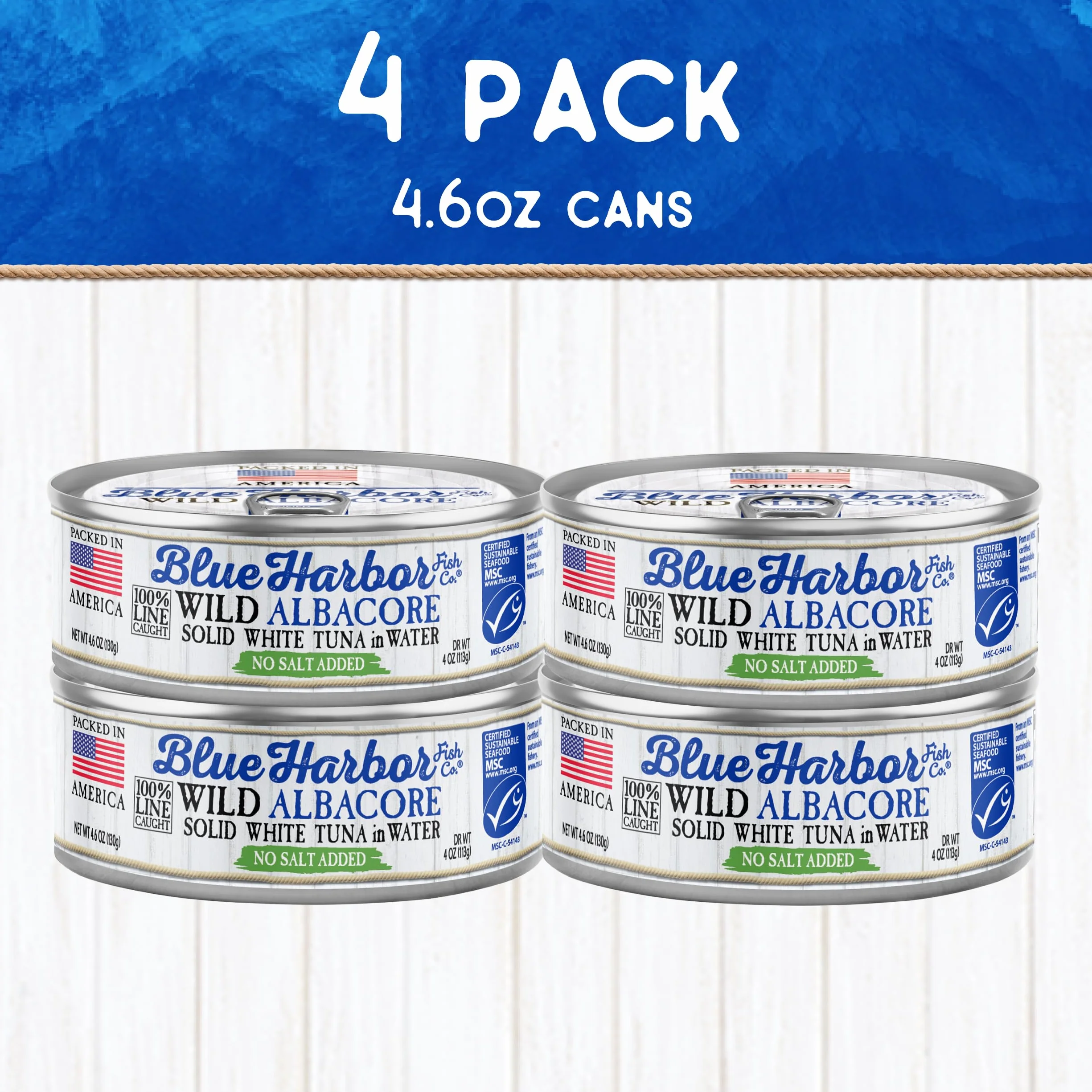 Blue Harbor Fish Co. Atún blanco sólido Wild Albacore en agua, sin sal añadida, atún enlatado de 4.6 onzas (paquete de 4)