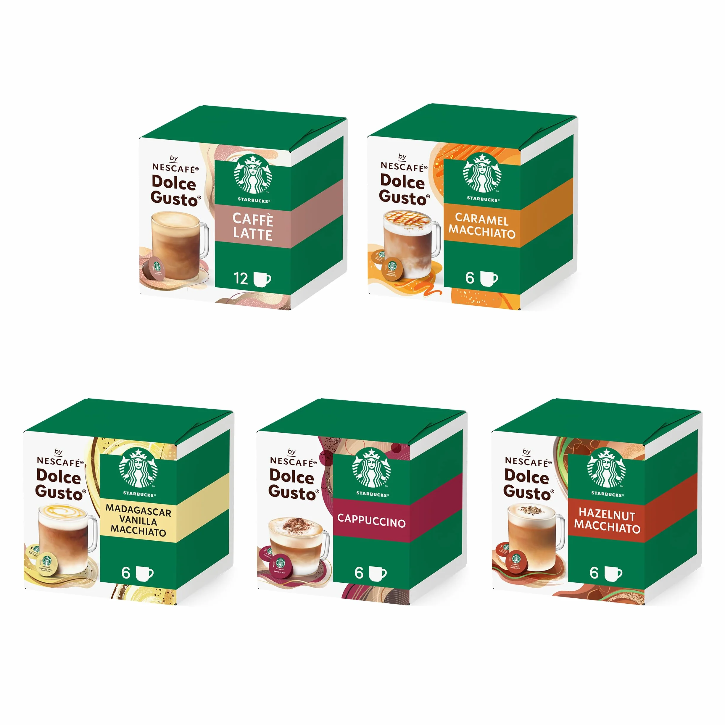 STARBUCKS Paquete Variado White Coffee de Nescafé Dolce Gusto, Cápsulas de Café 6 x 12 (72 Cápsulas) - Exclusivo de Amazon