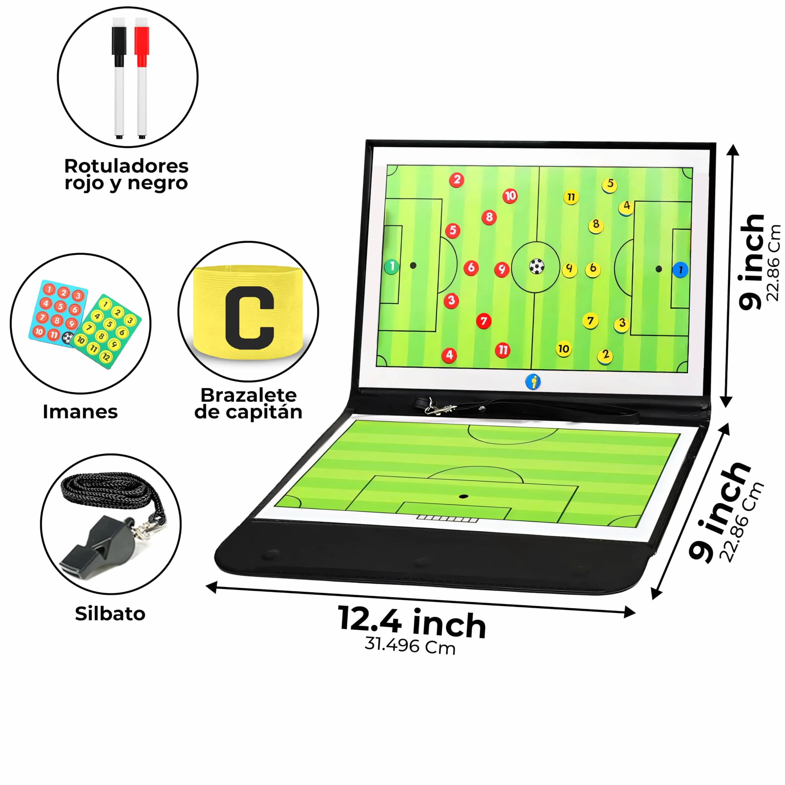 Pizarra Magnética Táctica Entrenador Fútbol con Fichas Brazalete Capitán Silbato 2 Rotuladores Cuero Negro