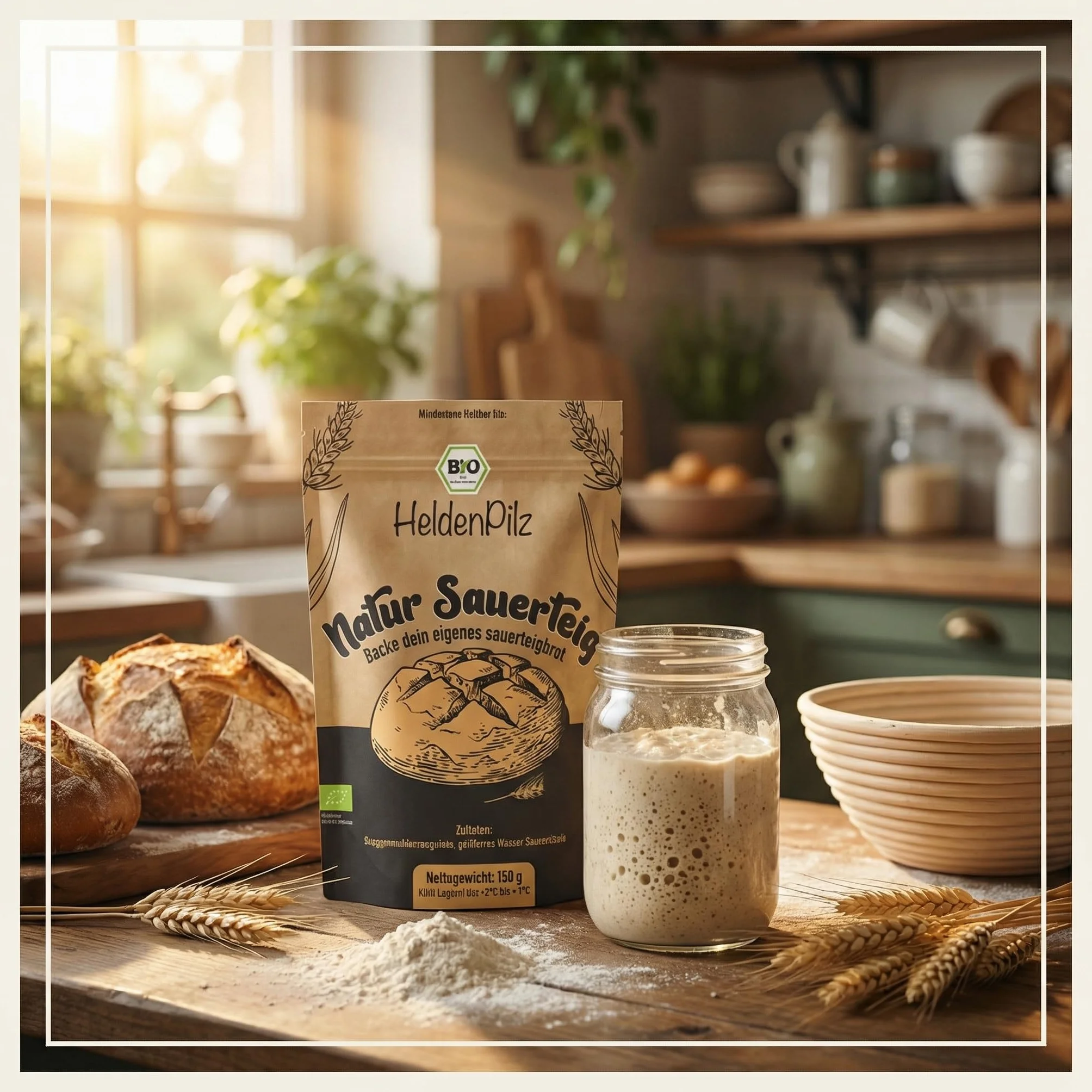 HeldenPilz | Masa agria orgánica fresca | Set para hornear pan + regalo | hacer pan crujiente tú mismo, incluye instrucciones y recetas, ingredientes 100% naturales (centeno para iniciar la levadura