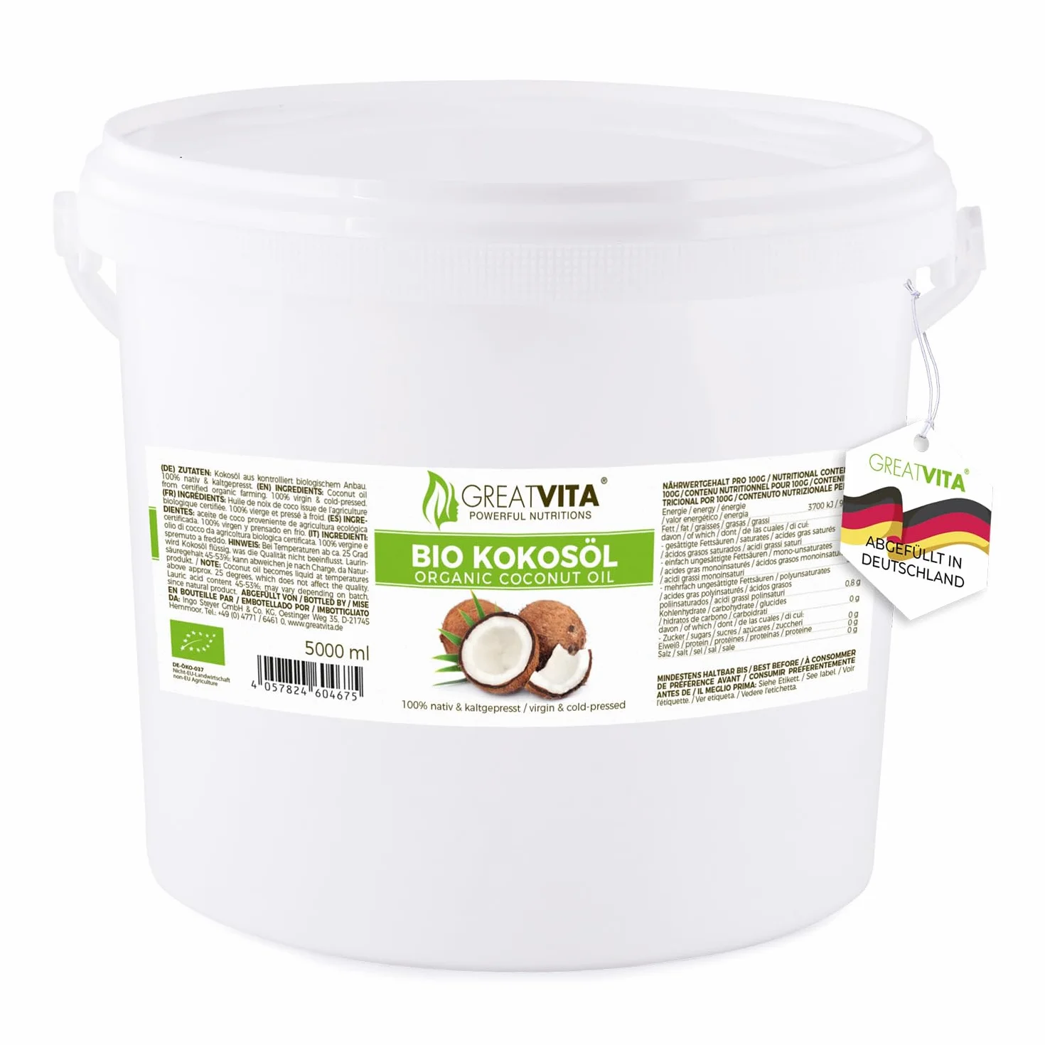 GREAT VITA - Aceite De Coco Orgánico, Nativo, 1 Paquete (1 X 5L) En Un Cubo 5000 ml