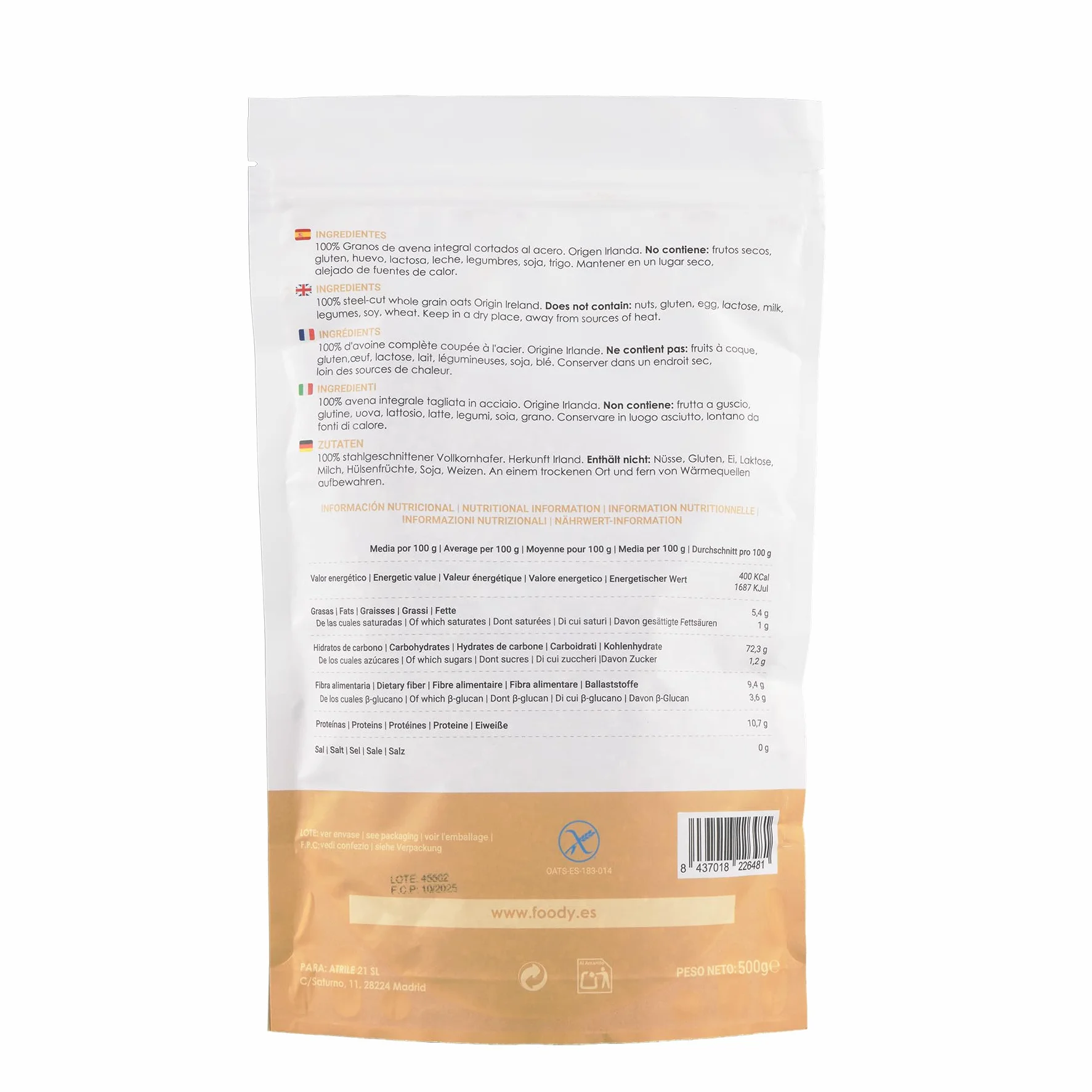 Avena cortada en acero - Avena integral, vegana, 100% libre de gluten y alérgenos - Steel cut oats, 500 gr.