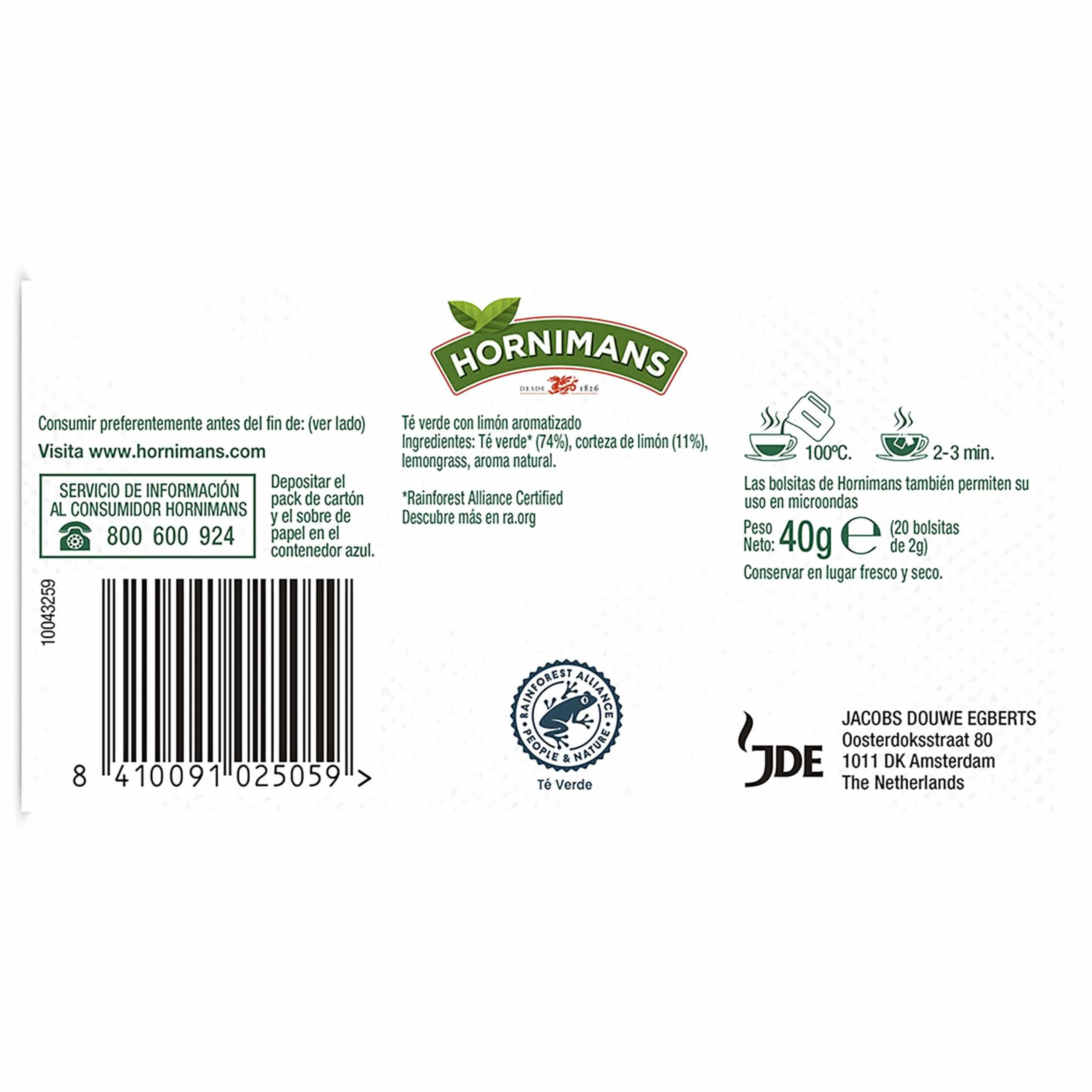 Hornimans Té Verde al Limón Ingredientes 100% Naturales | 20 bolsitas | Con Teína