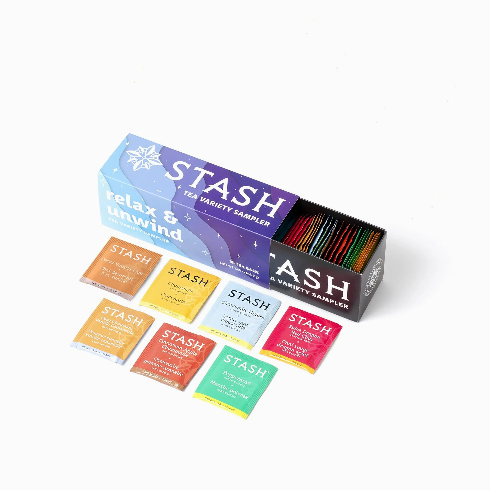 Stash Tea Relax and Unwind - Juego de regalo de té especial surtido, infusiones calmantes para ayudar a la relajación, 7 sabores, 35 bolsitas de té