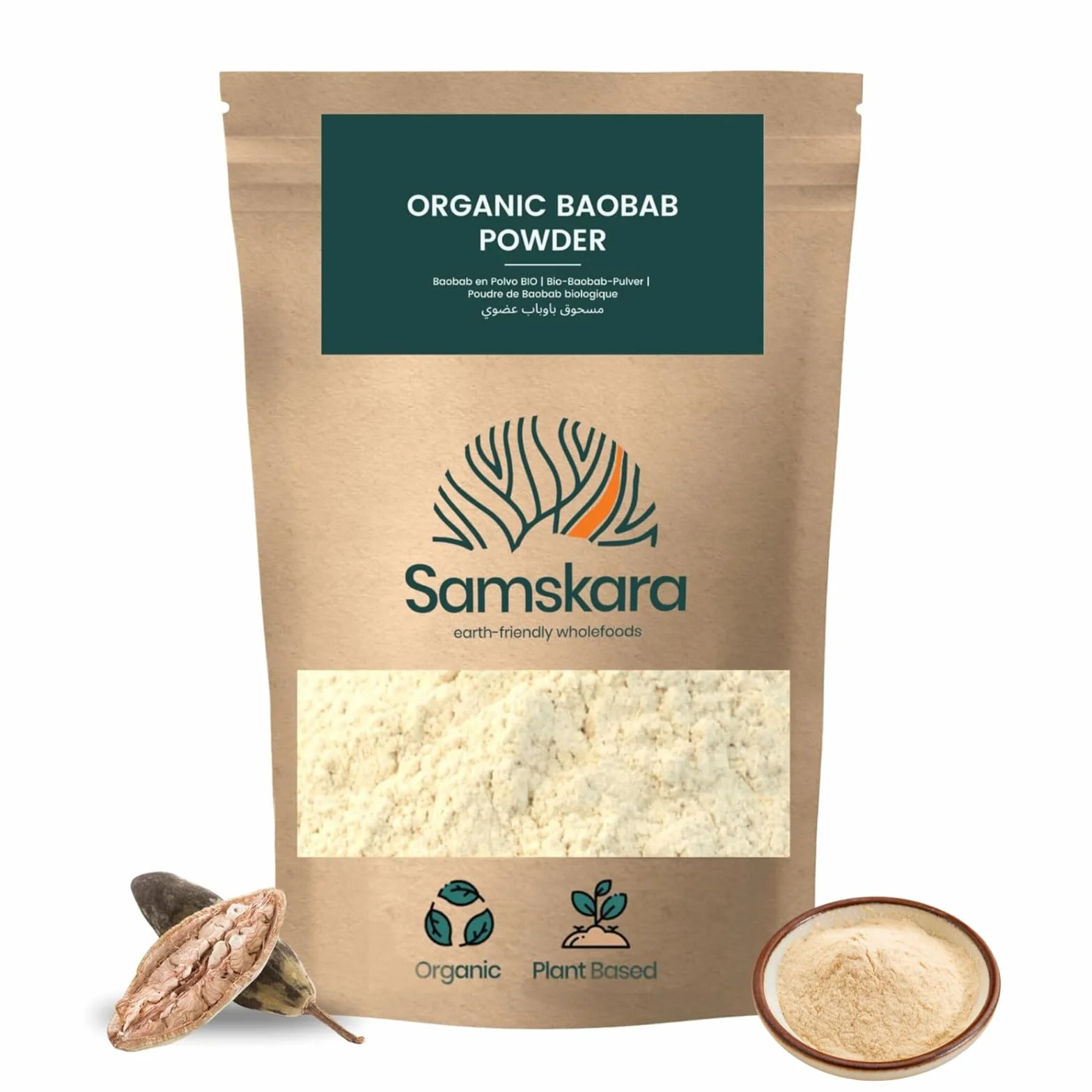 Baobab en Polvo BIO Ecologico | Calidad A+ 100% pura cruda, fuente de Vit C, Calcio, Colageno natural | SAMSKARA | Organic Baobab Powder (500gr x 1 pack) - Envasado en 2025 Frescura garantizada