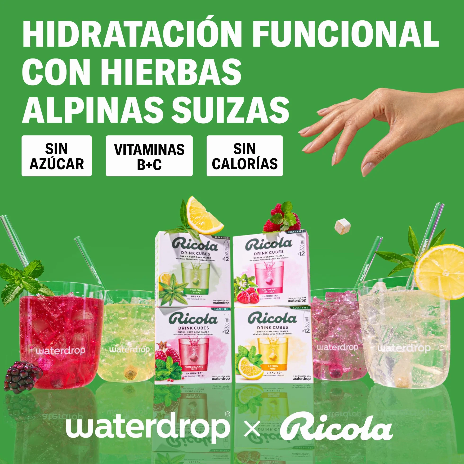 waterdrop® x Ricola, 48 Pastillas Saborizantes Agua, Bebidas Instantaneas Mix 4 Sabores Naturales: Frambuesa, Verbena, Granada, Menta-Limón. Sin Azúcar, baja en calorías con vitaminas