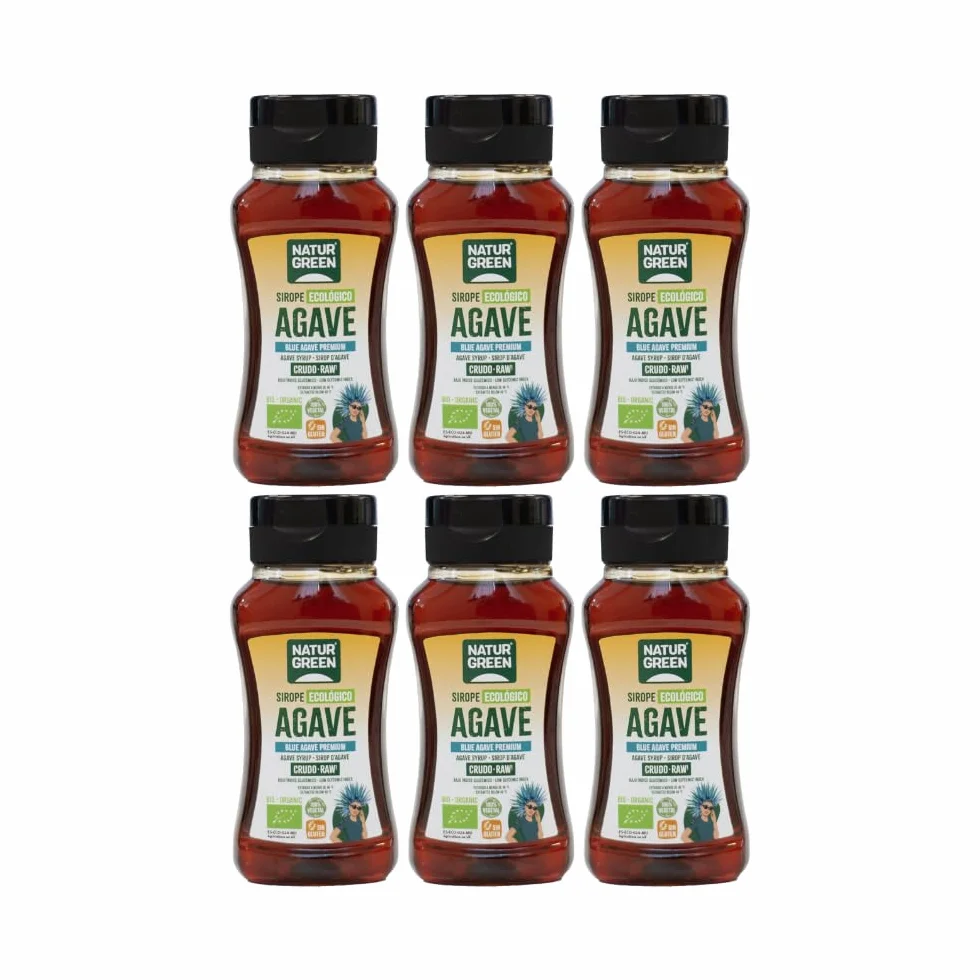 NaturGreen - Sirope de Agave Crudo Bio, Pack 6 x 236 ml, Edulcorante Natural, Agave Azul, Alternativa Vegana a la Miel y el Azúcar, Sin Gluten, Ideal para Endulzar Bebidas, Yogures y Postres