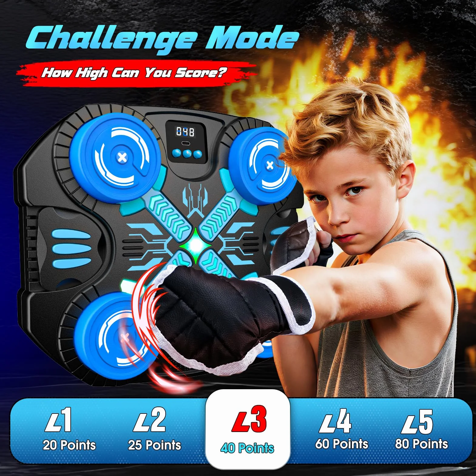 Máquina de Boxeo Musical para Niños con Guantes, Bluetooth, 3 Modos de Juego, Pantalla LED, Saco de Boxeo de Pared, Juguete 3-12 años