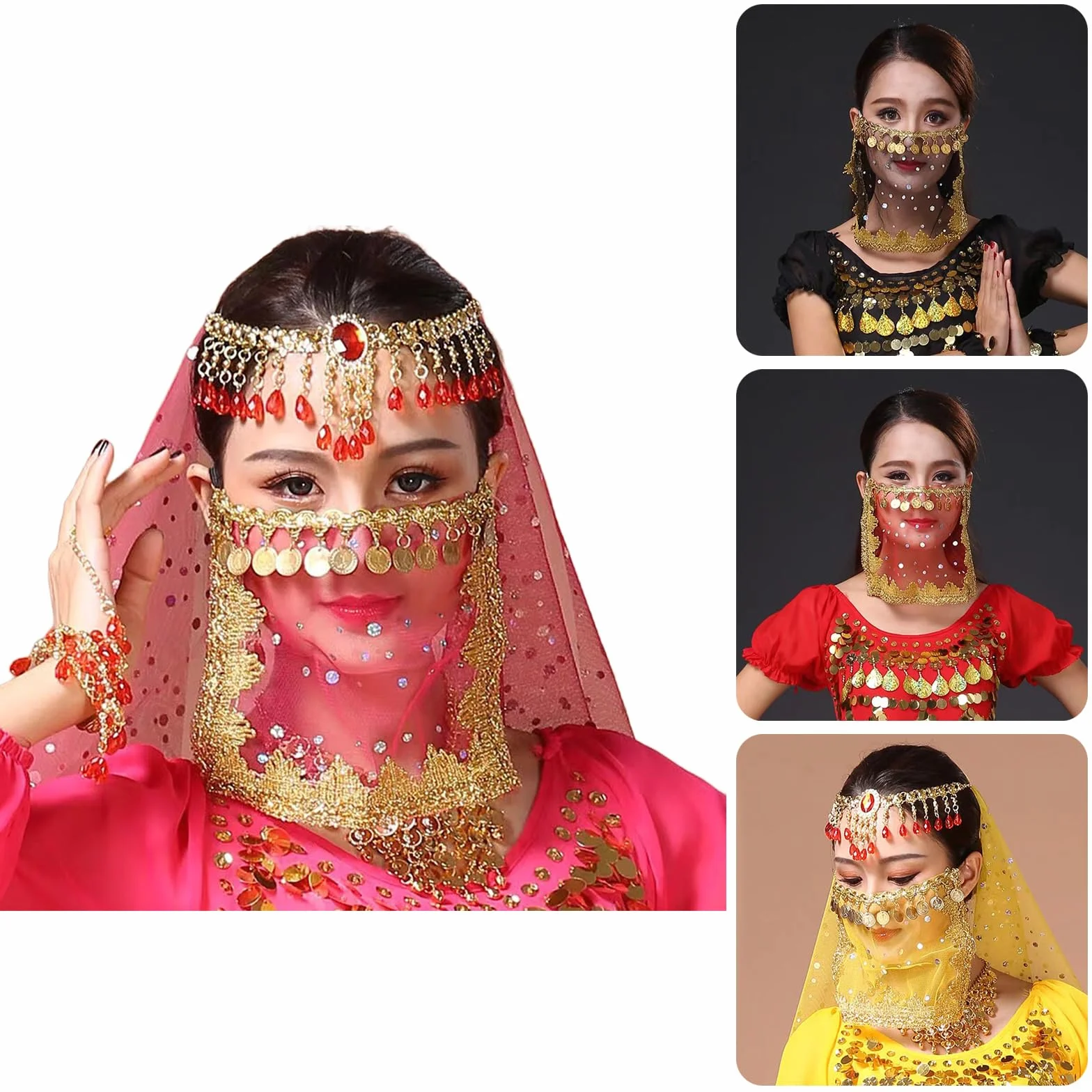 Velo facial de danza del vientre con moneda, media cara, bufanda de fiesta tribal para mujeres