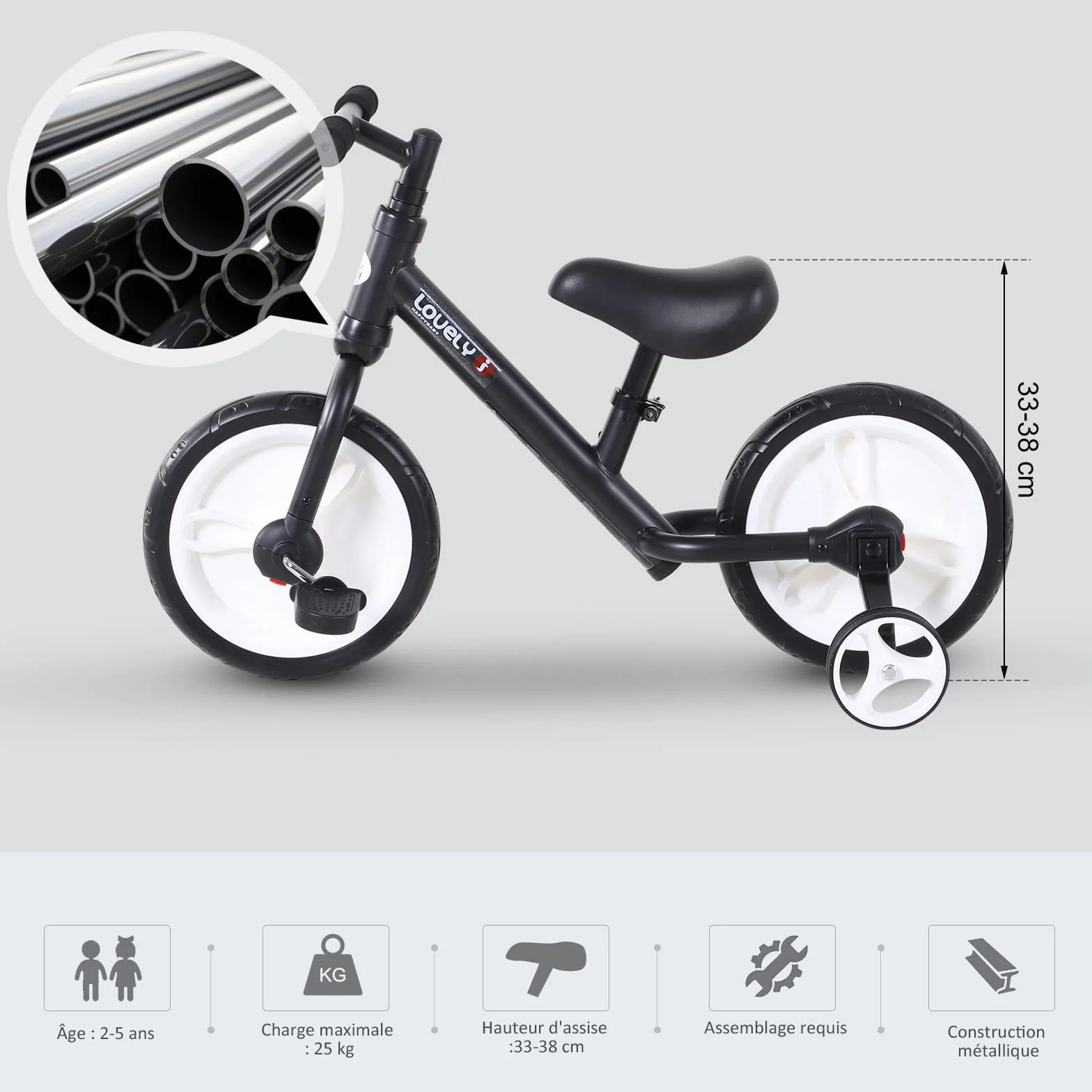 HOMCOM Bicicleta Infantil 12 Pulgadas Ruedas Pedales Extraíbles Altura Regulable Acero para Niños 2-5 Años