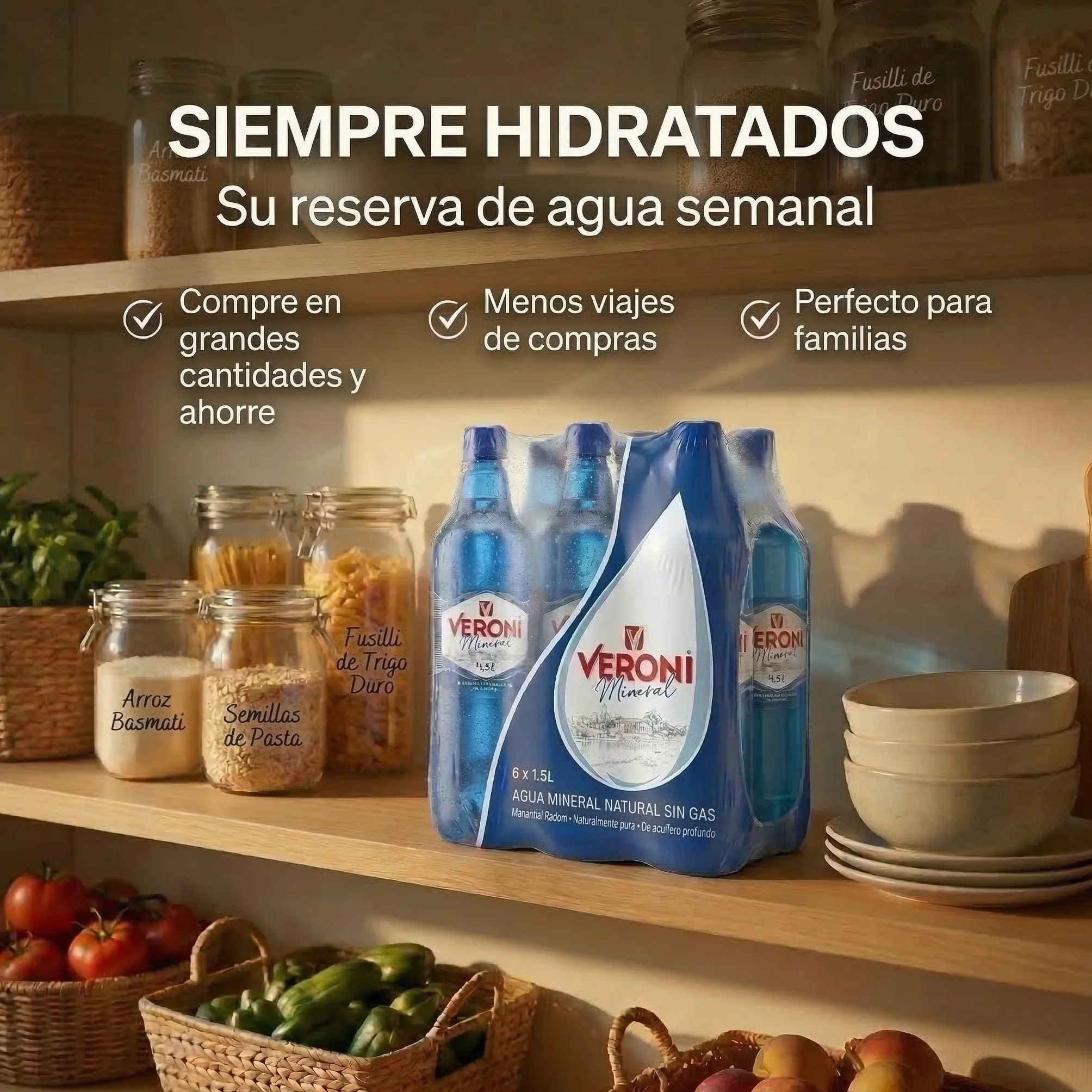 Agua mineral natural Veroni, 6 botellas de PET de 1,5 litros - Agua mineral procedente de un manantial a 201 metros de profundidad en Radom, Polonia.
