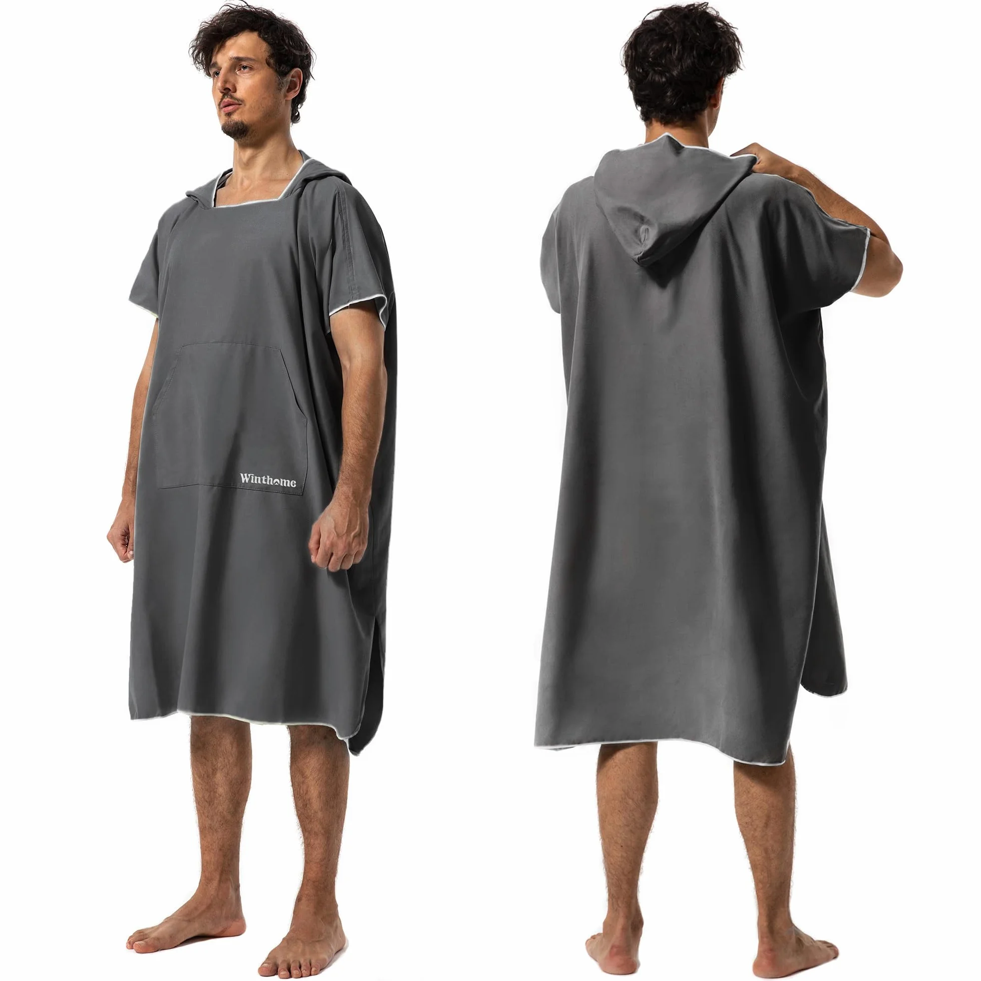 Poncho Surf Secado Rápido Microfibra con Bolsillo y Capucha para Hombre Mujer Playa Natación Viajes Gris M