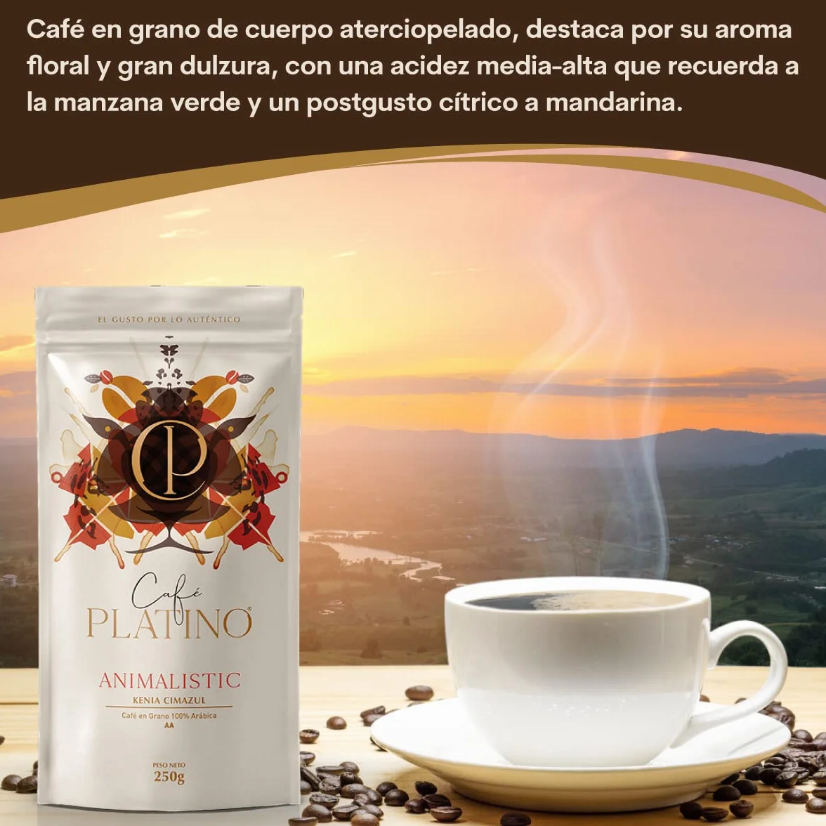 Café Platino Animalistic - Café en Grano Natural de Kenia Cimazul Tostado 250g - 100% Arábica - Categoría AA