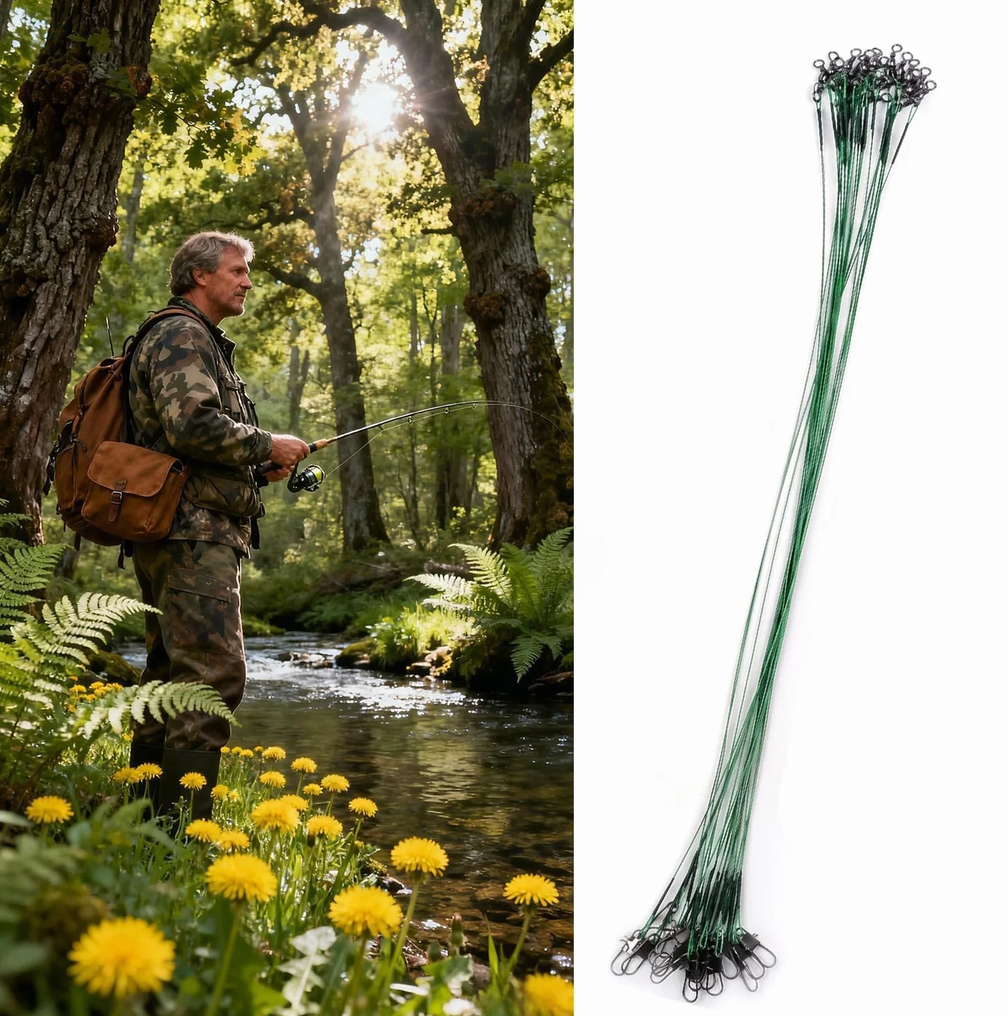 KIMHOME Ganchos de pesca verdes 20 cm líder 22,7 kg paquete 20 alambres acero al carbono resistente corrosión afilados lucio