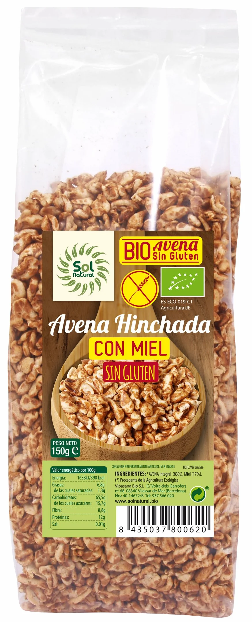 Sol Natural - Avena Hinchada con Miel, sin Gluten,150 gr