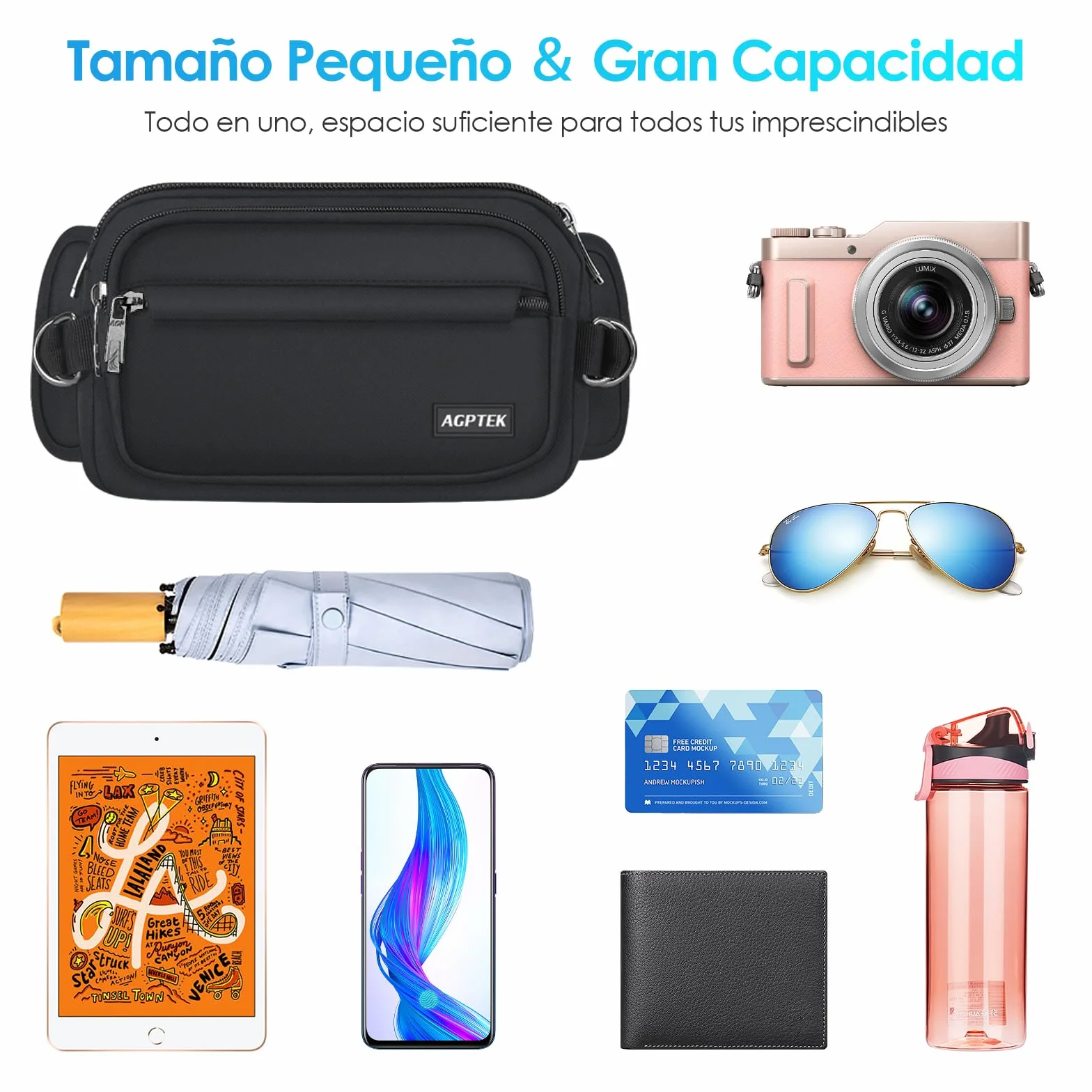 AGPTEK Riñonera Deportiva Grande Antirrobo RFID 5 Bolsillos Cinturón Ajustable para Running Viaje