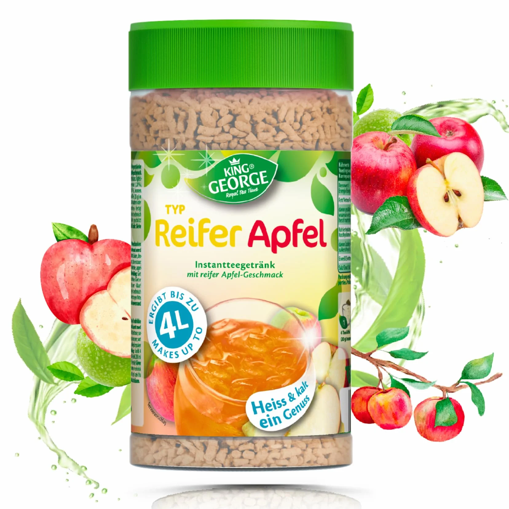 KING GEORGE Bebida instantánea de té de manzana madura, 6 x 400 g, bebida instantánea con sabor a manzana, caliente y fría, un placer, paquete de almacenamiento para té de migas, bebida para verano