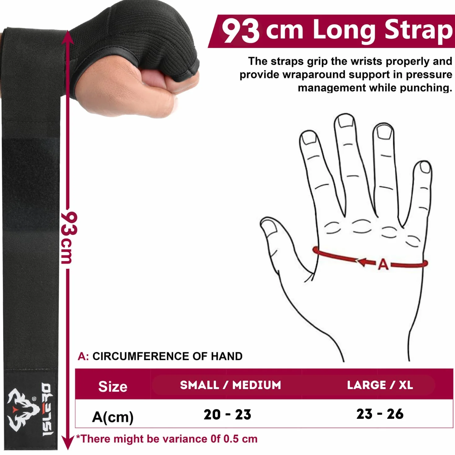 Guantes de boxeo Islero 93 cm, correas de muñeca largas, protección elástica acolchada para puños, Muay Thai