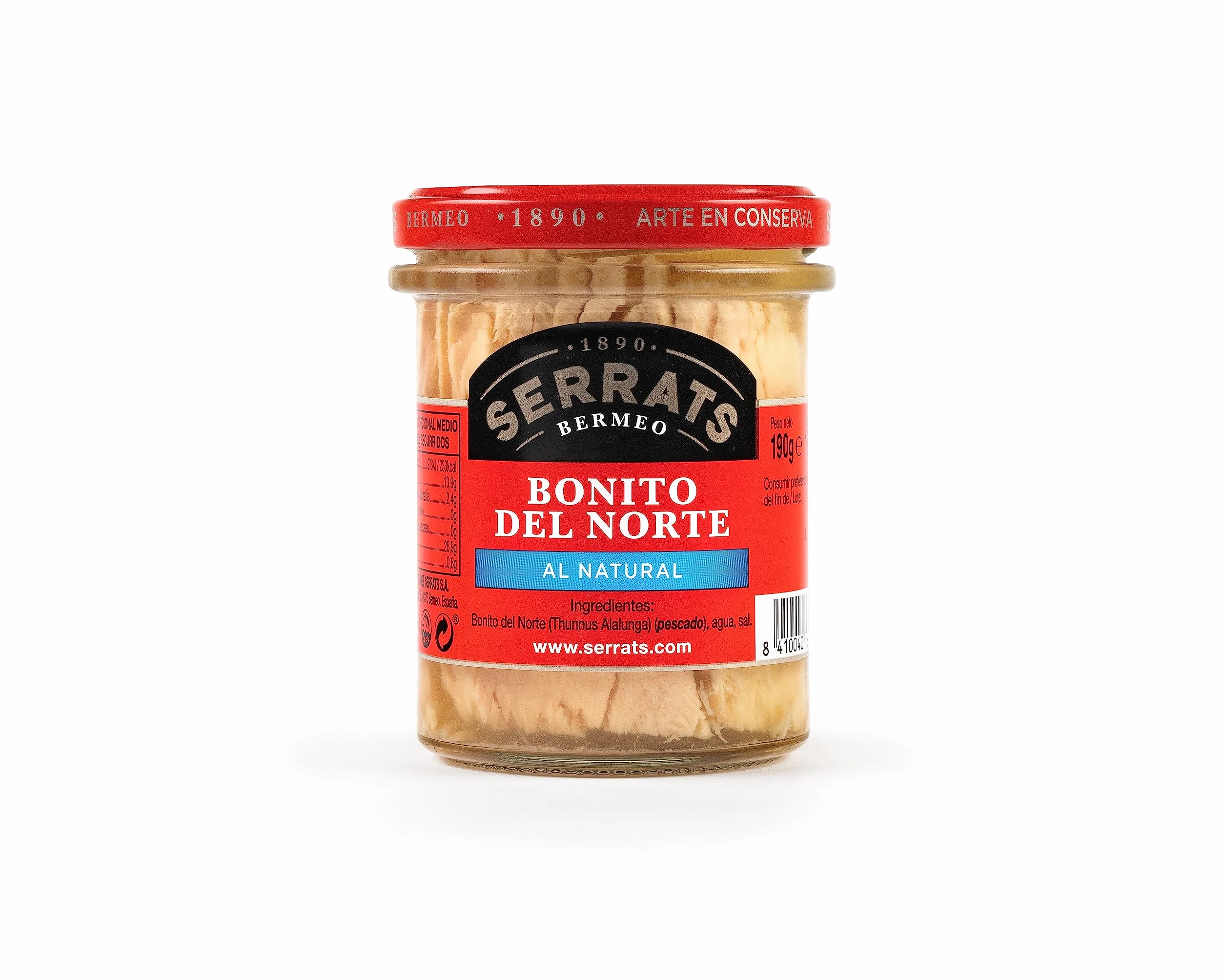 CONSERVAS SERRATS - Bonito del Norte del Cantábrico al Natural Sin Aceite - 6 Frascos x 190g (Total: 1140g) - Elaboración Artesanal desde 1890 - Sin Gluten - Rico en Omega 3