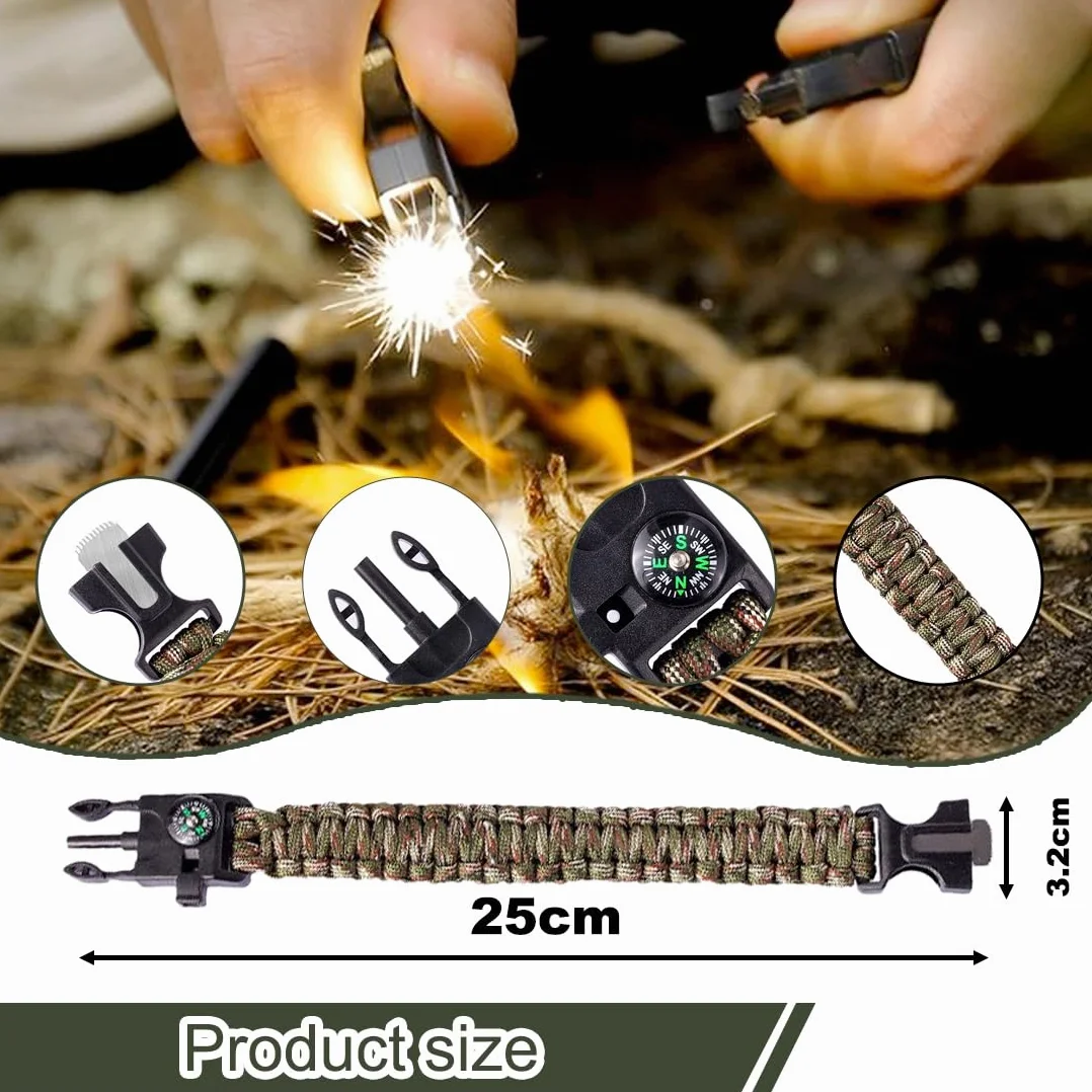 JYNVOC Pulsera Multifuncional 5 en 1 con Pedernal, Brújula, Cuerda de Paracaídas, Silbato, Cuchilla