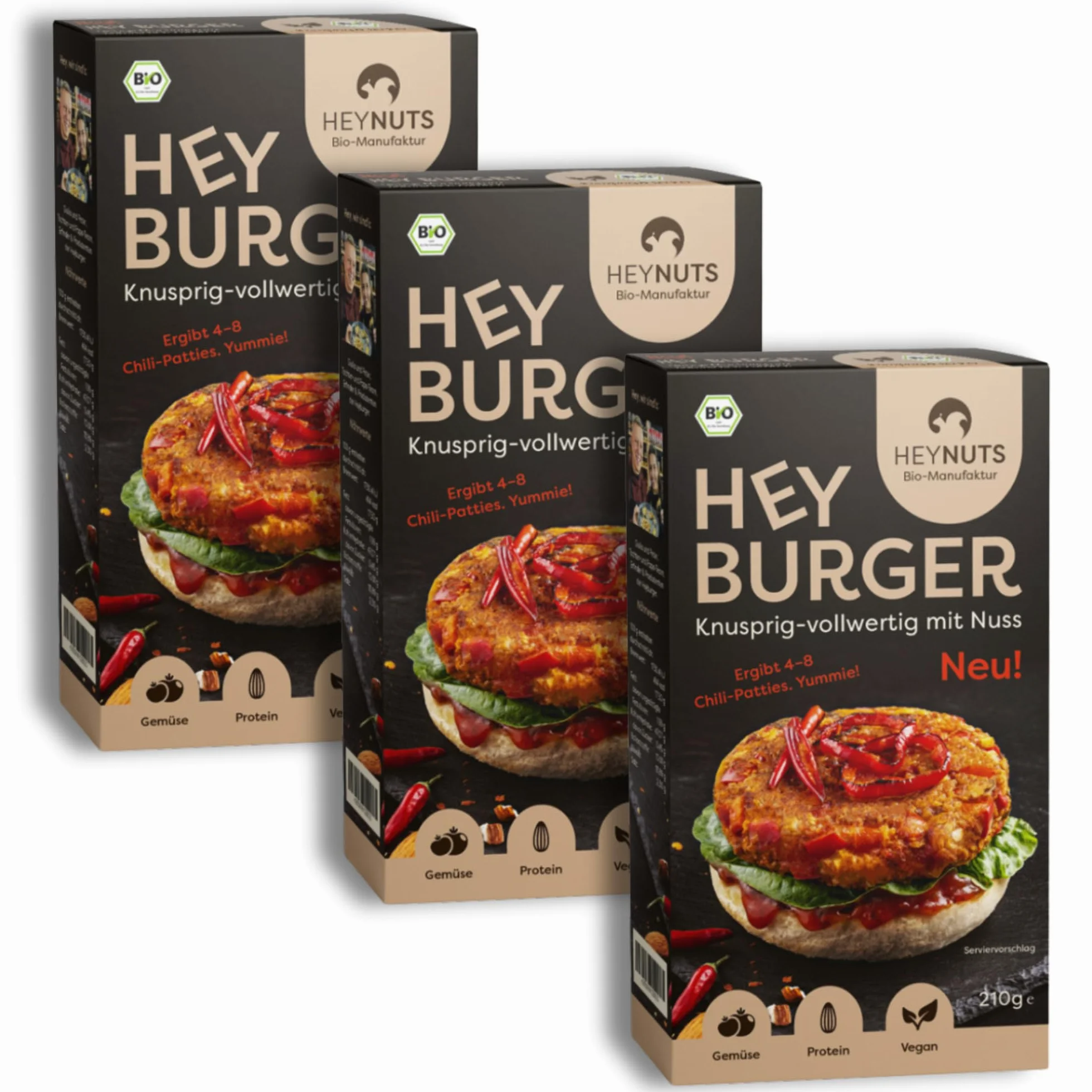 HEYBURGER hamburguesa vegana para verduras, sabor chilli, 100% natural, certificada orgánica, alto contenido de proteínas, fabricación - alto contenido de proteínas, orgánico, sin aditivos, delicioso