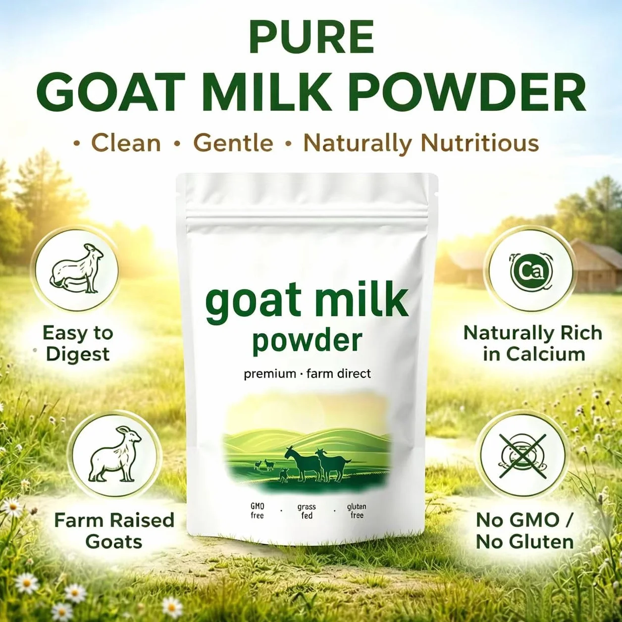 Leche de cabra orgánica en polvo para energía, digestión y piel
