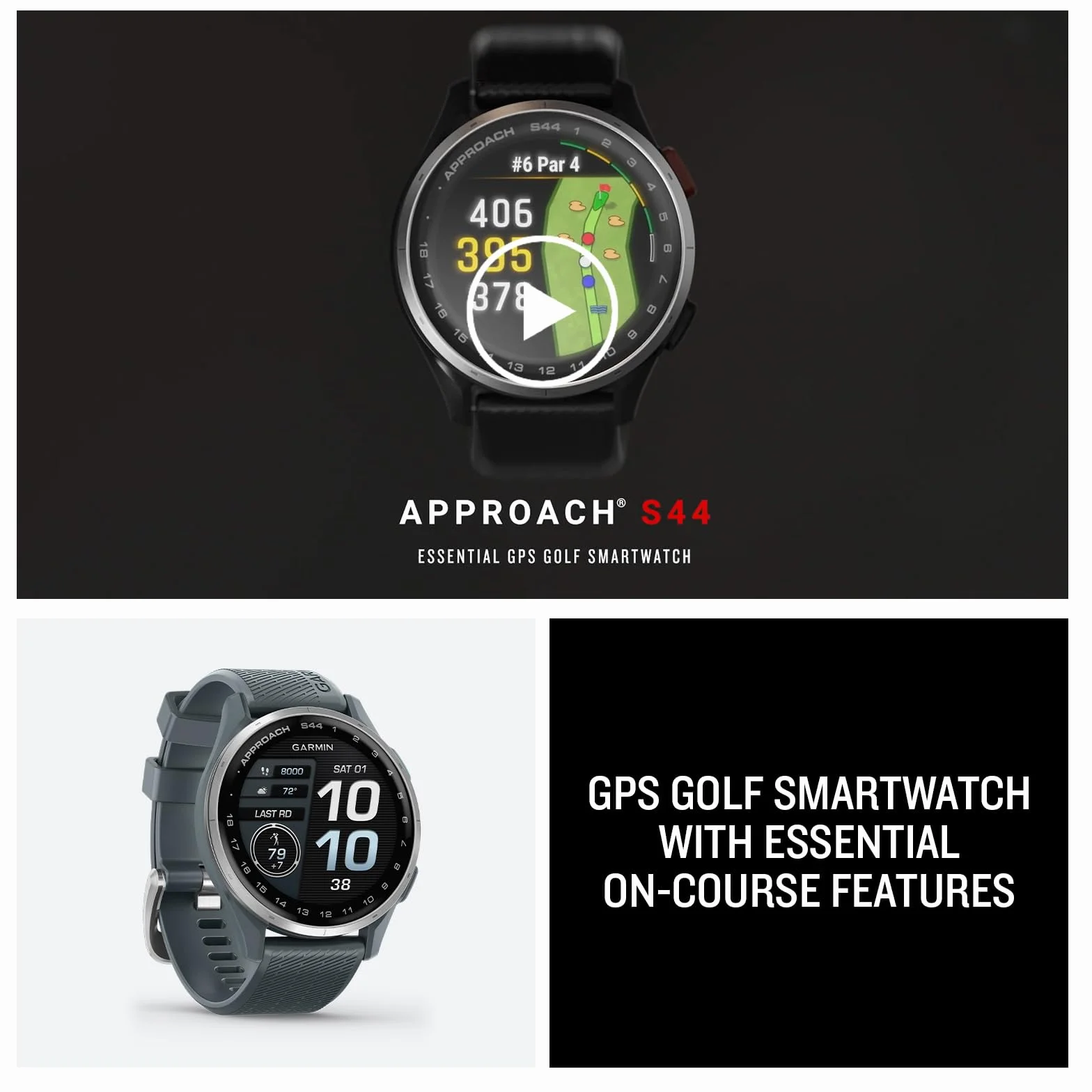Garmin Approach S44 Golf GPS Smartwatch AMOLED Plateado Bisel Aluminio Correa Silicona Negra