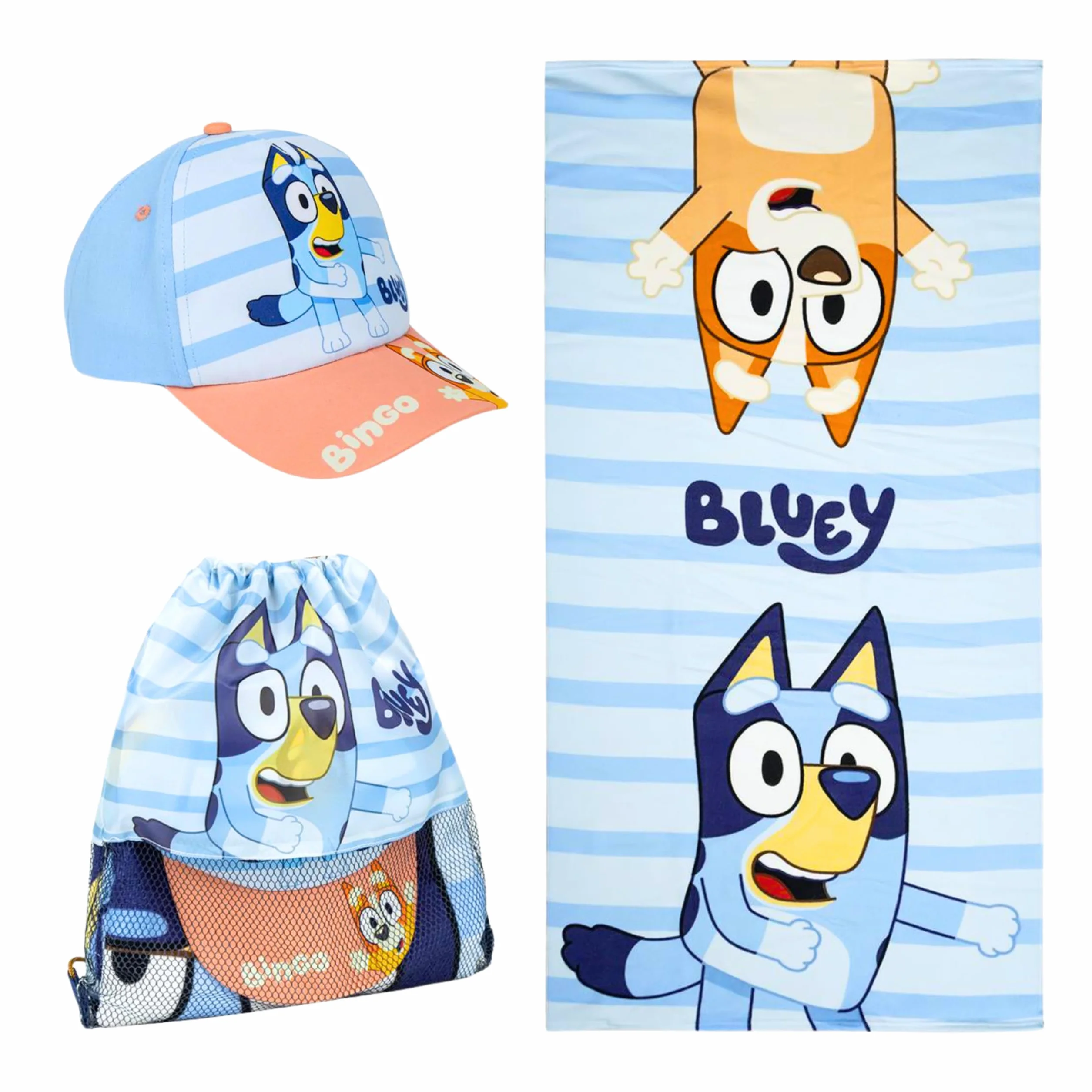 Bluey Gorra de Beisbol Toalla y Mochila Saco Cuerdas Cordón Set 3 Piezas Infantil