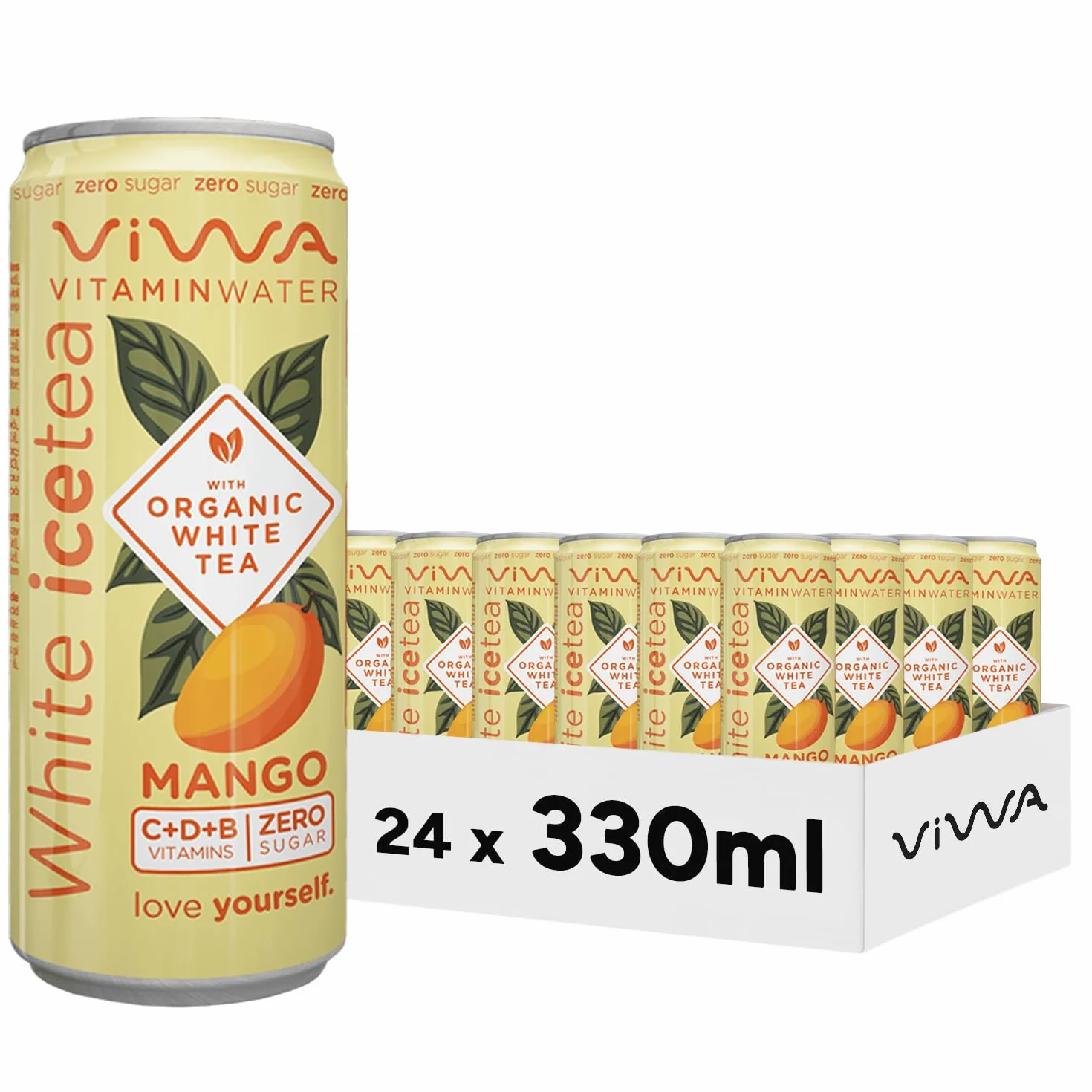 VIWA VITAMIN WATER Té Helado Blanco Bebida Refrescante Cero Azúcar con Vitaminas C, D y B. Sabor Mango, 330ml, Pack de 24, White Tea