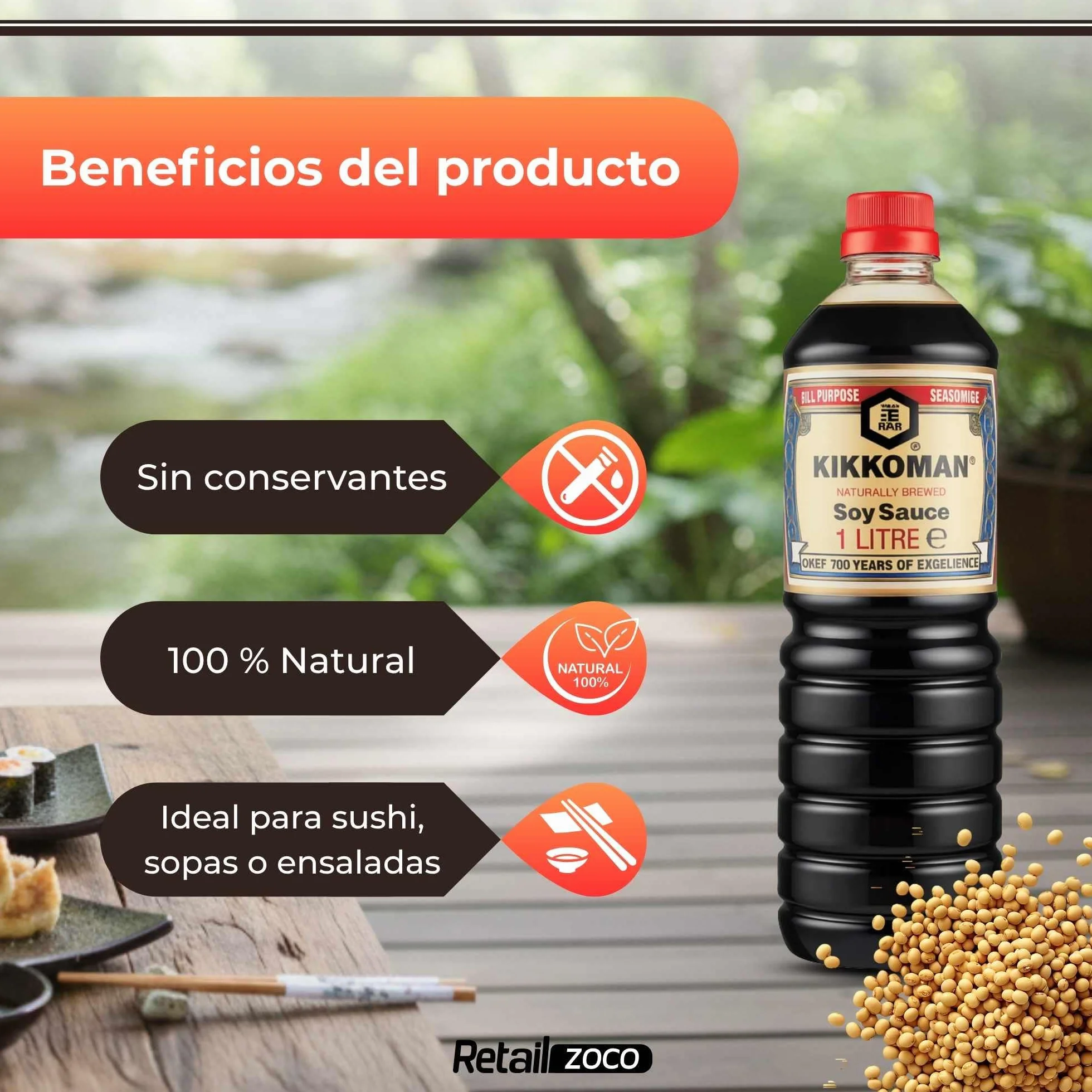 Salsa de Soja receta clásica, Salsa para Sushi, Soja Japonesa, ingredientes son 100% naturales sin aditivos ni conservantes, Para verduras, sopas, guisos, hacer salsas o aliñar las ensaladas, 1000 ml