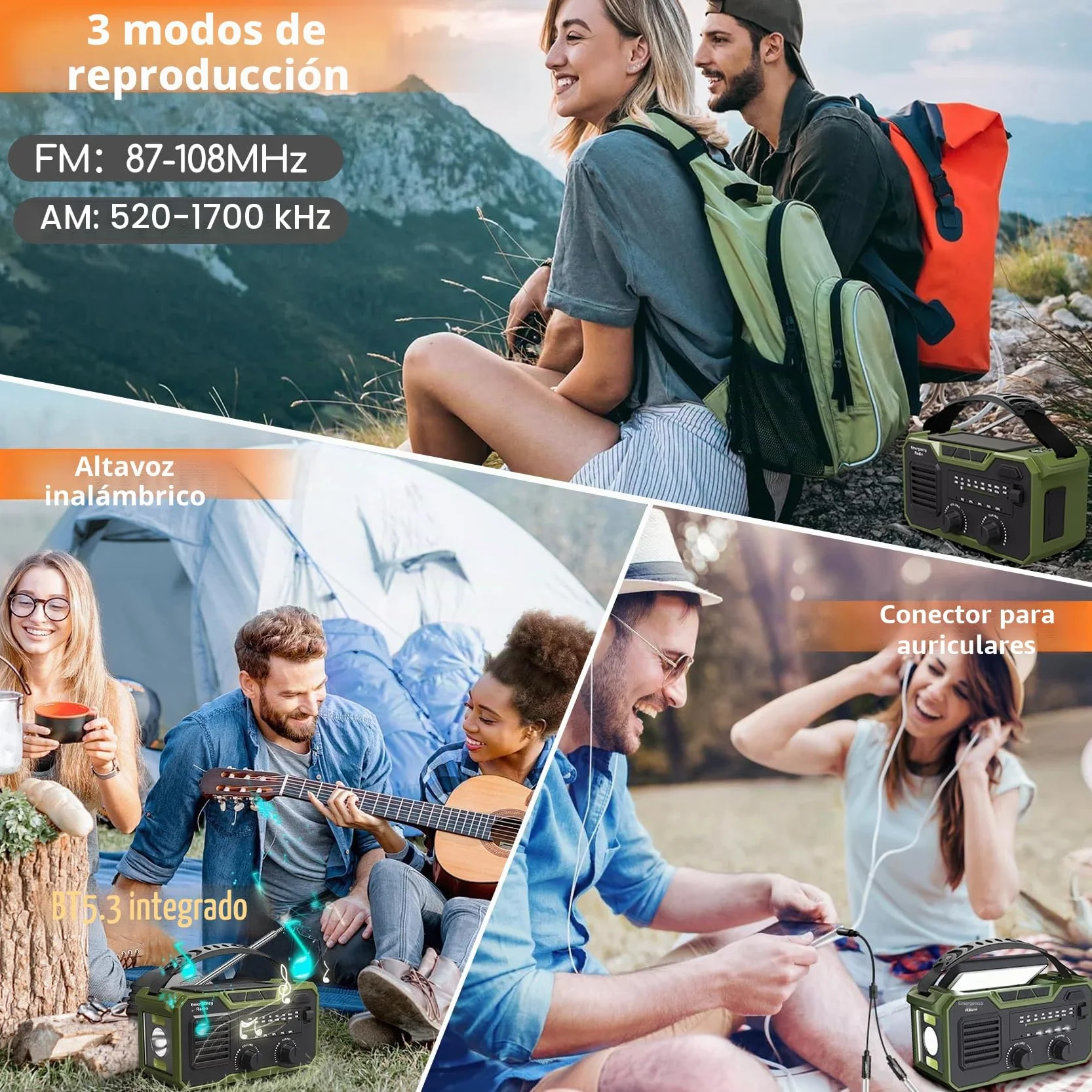 Radio Solar de Emergencia 27000 mAh FM/AM con Alarma SOS y Lámpara, Carga Móvil y Bluetooth (Verde)
