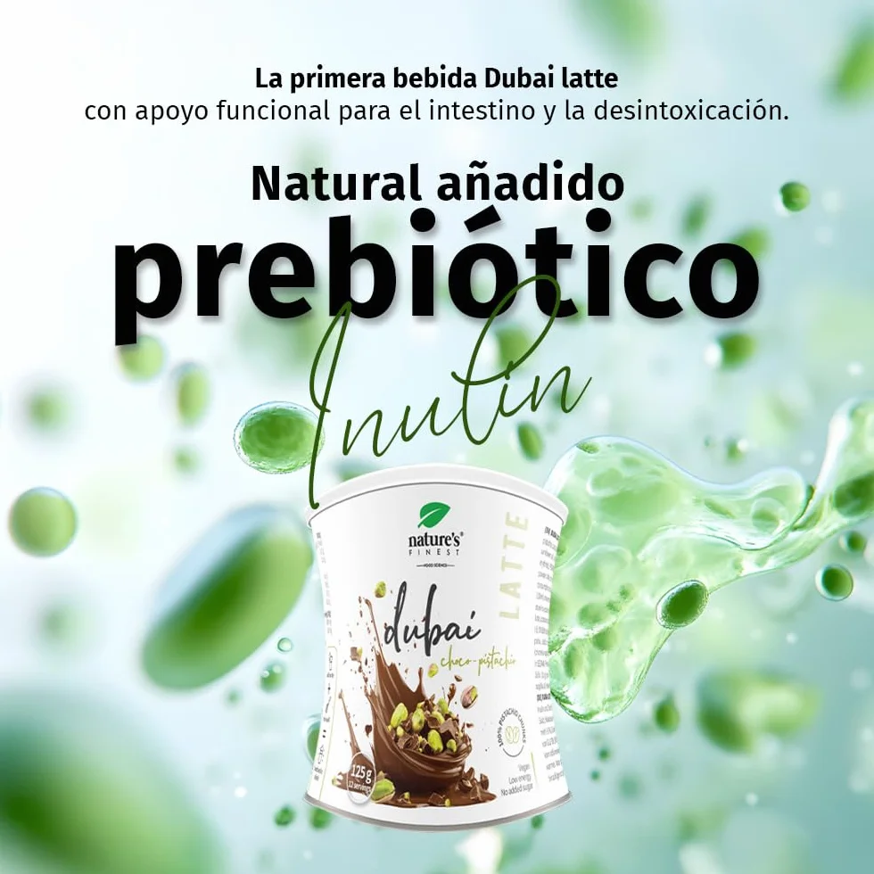 Nature's Finest Dubai Latte Mix con Pistacho, Cacao, Inulina y Clorella, 125 g - Bebida Vegana sin Azúcar Añadido - Apoyo Digestivo y Detox Natural - Bajo en Calorías, Apto para Dietas Keto y Low Carb