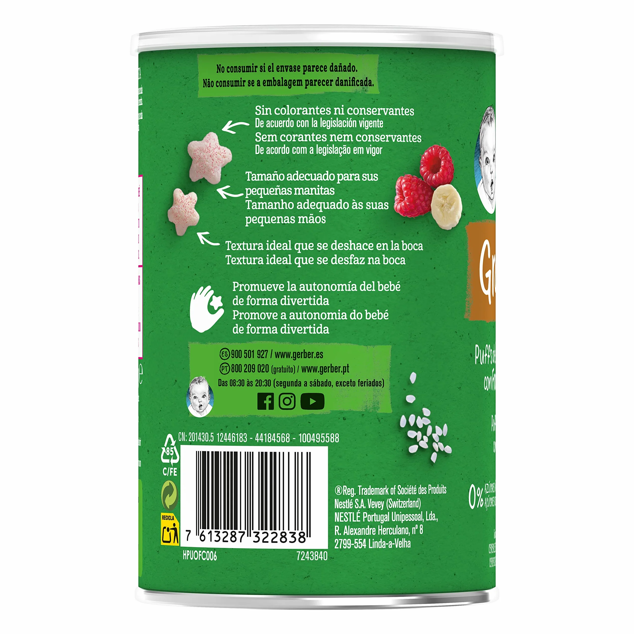 GERBER Organic Puffs Frambuesa y Plátano, Snack de Cereales para Bebés, Latitas 5x35g, a partir de 8 meses