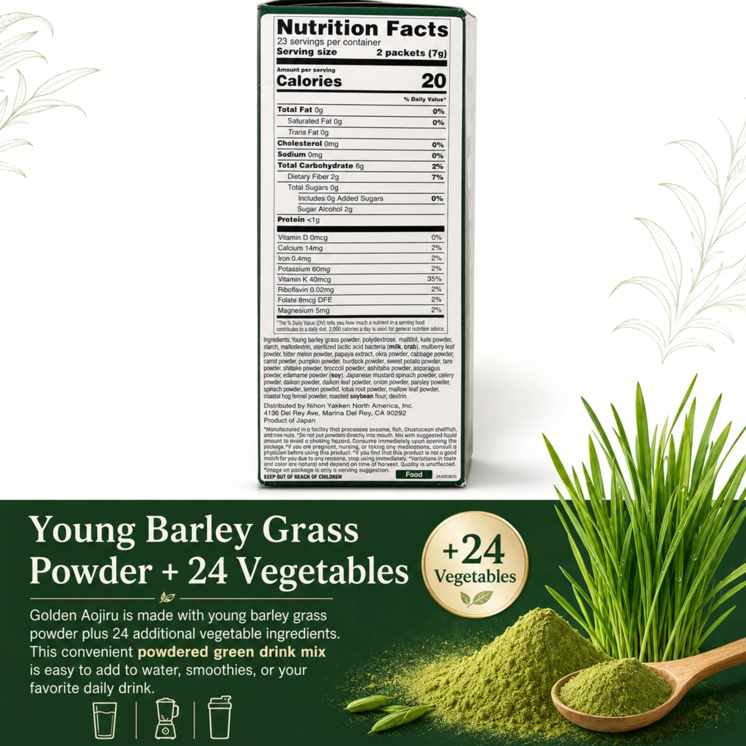 Golden Aojiru Veggie Blend - Greens Powder with 25 Superfood Vegetables, Gluten-Free, Low Calorie, No Sugar, 46 Packets - Made in Japan