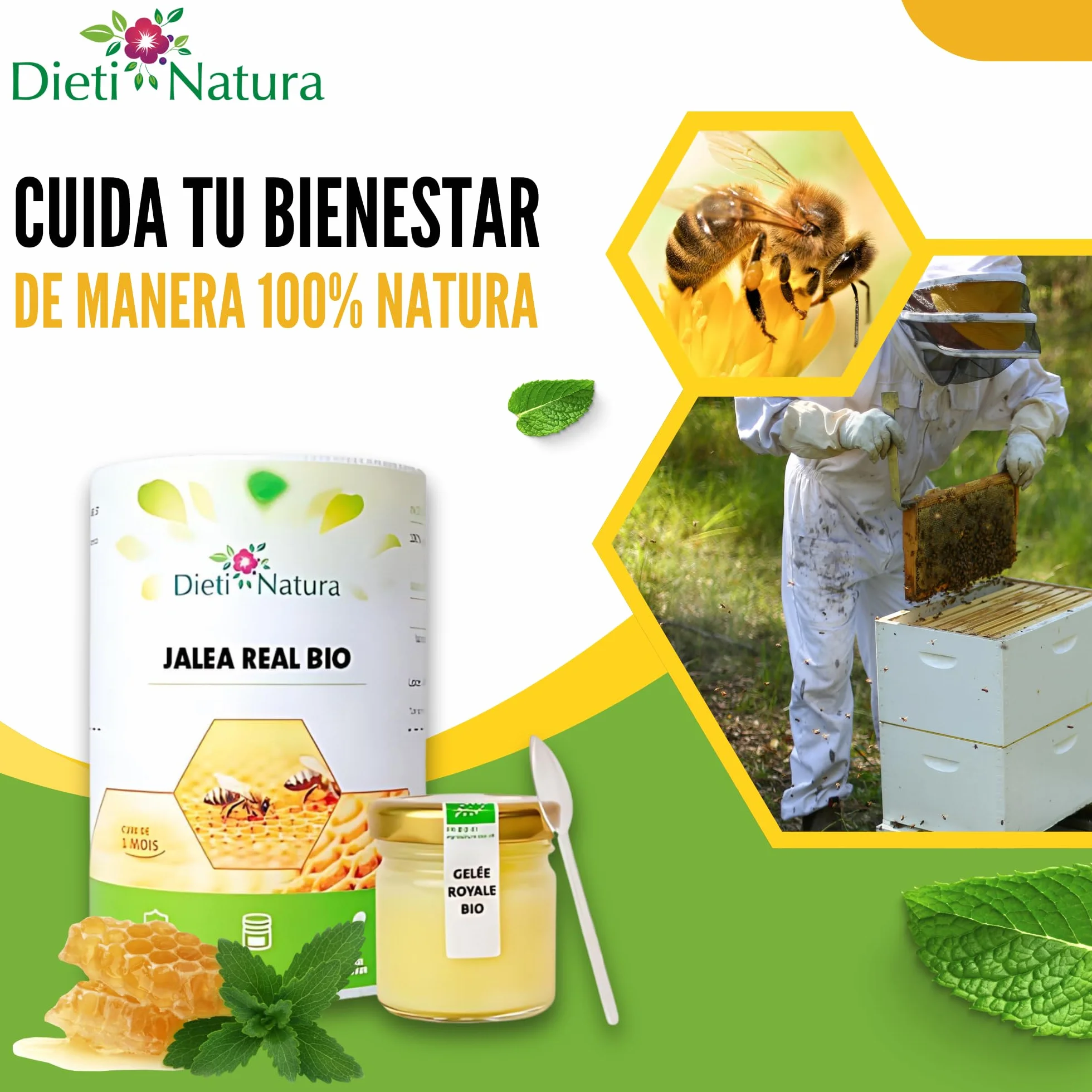 Dieti Natura Tarro de Jalea Real Fresca BIO (30g) (Pack de 6) - Jalea Real Pura con Elementos Esenciales: Vitaminas, Oligoelementos y Minerales para Energía Natural y Defensa Inmunológica