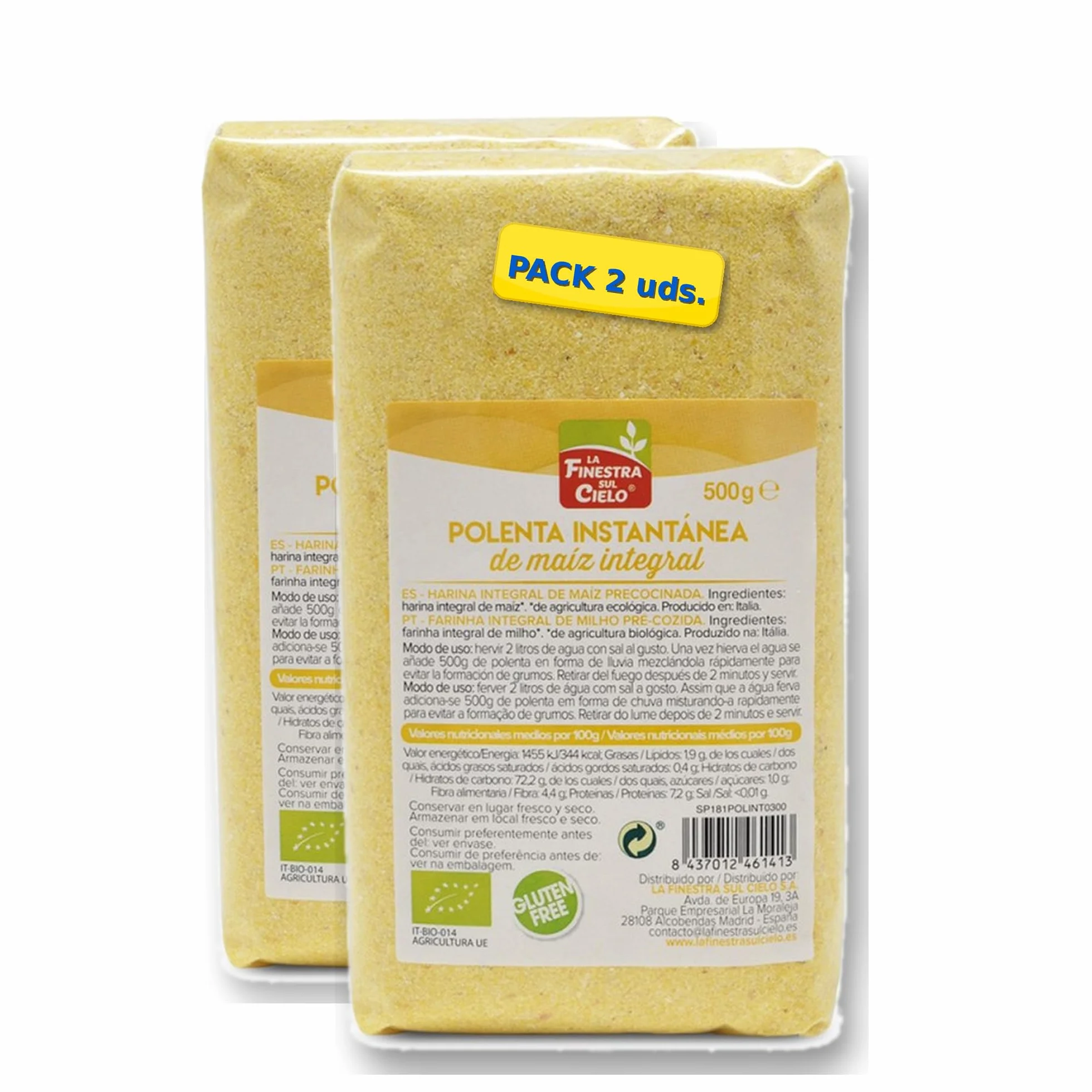 Pack 2 x Polenta Instantánea Integral Bio 500 g (1 kg total) – Sémola de maíz integral ecológica precocida, lista en minutos, textura cremosa, ideal como guarnición y recetas sin gluten