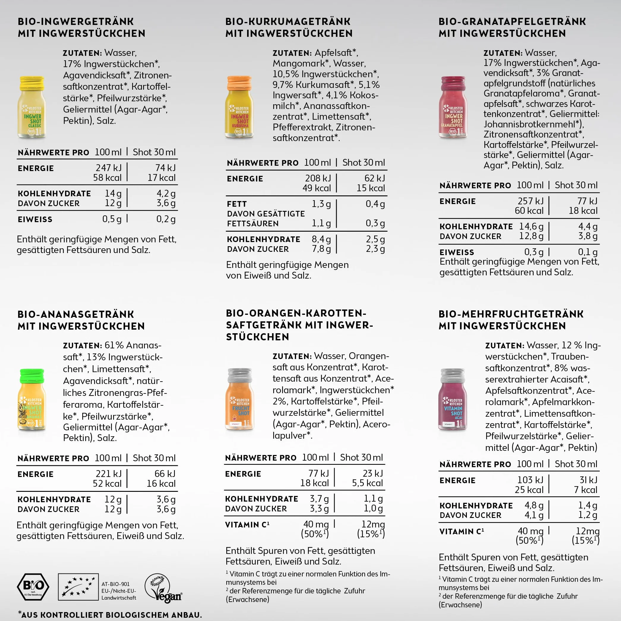 Kloster Kitchen Mezcla de jengibre orgánico 14 botellas 30 ml con trozos de jengibre vidrio vegano