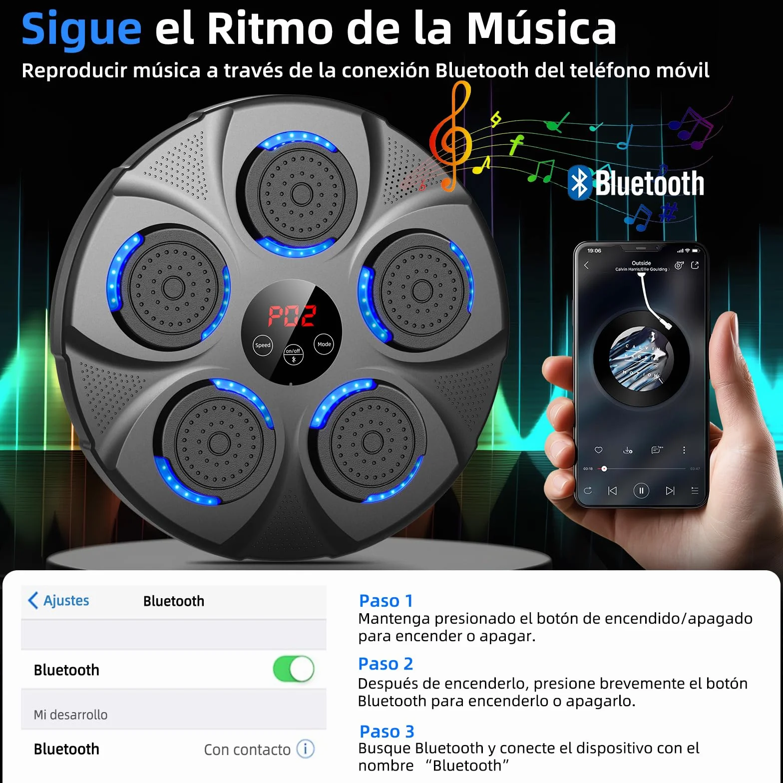 Máquina de Boxeo Musical Electrónico Profesional con Guantes Bluetooth 9 Velocidades Negro