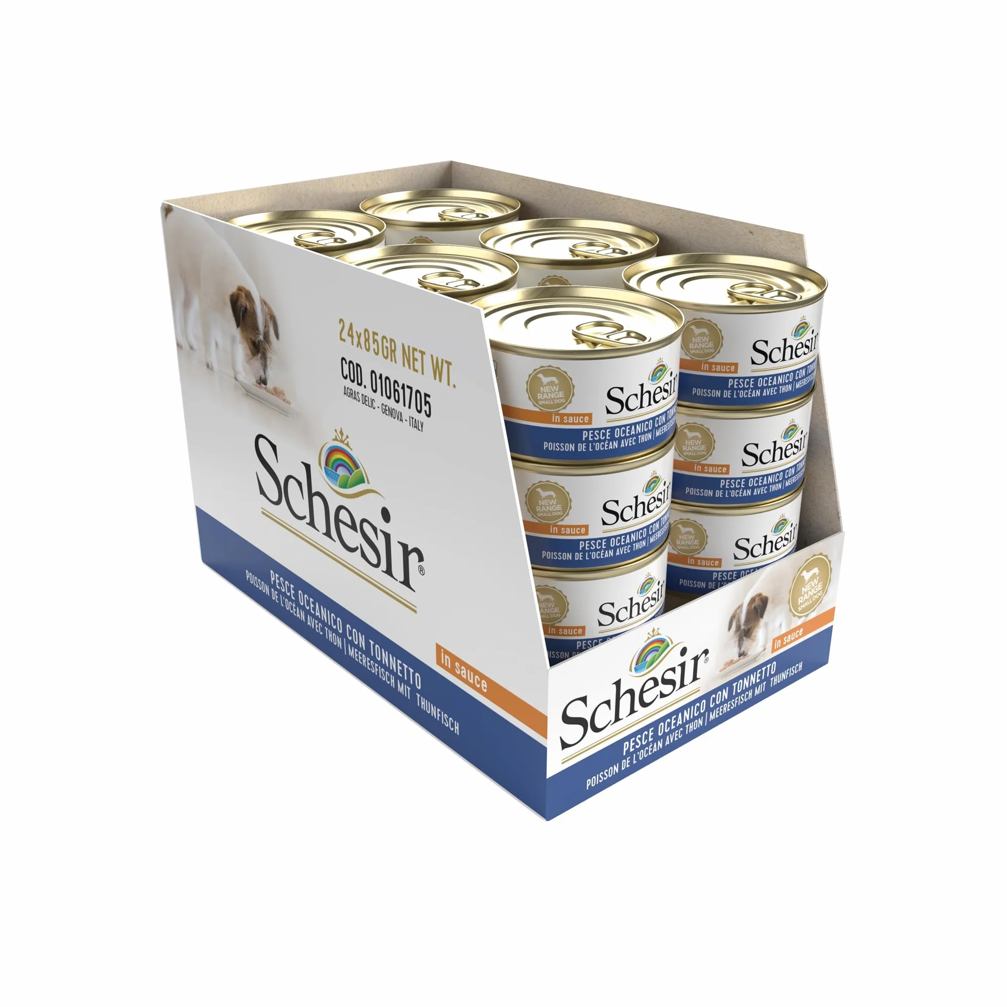 Schesir, Alimento Húmedo para Perros Adultos con Pescado Oceánico Y Tonito, En Suave Gelatina (24 Latas De 85 G)
