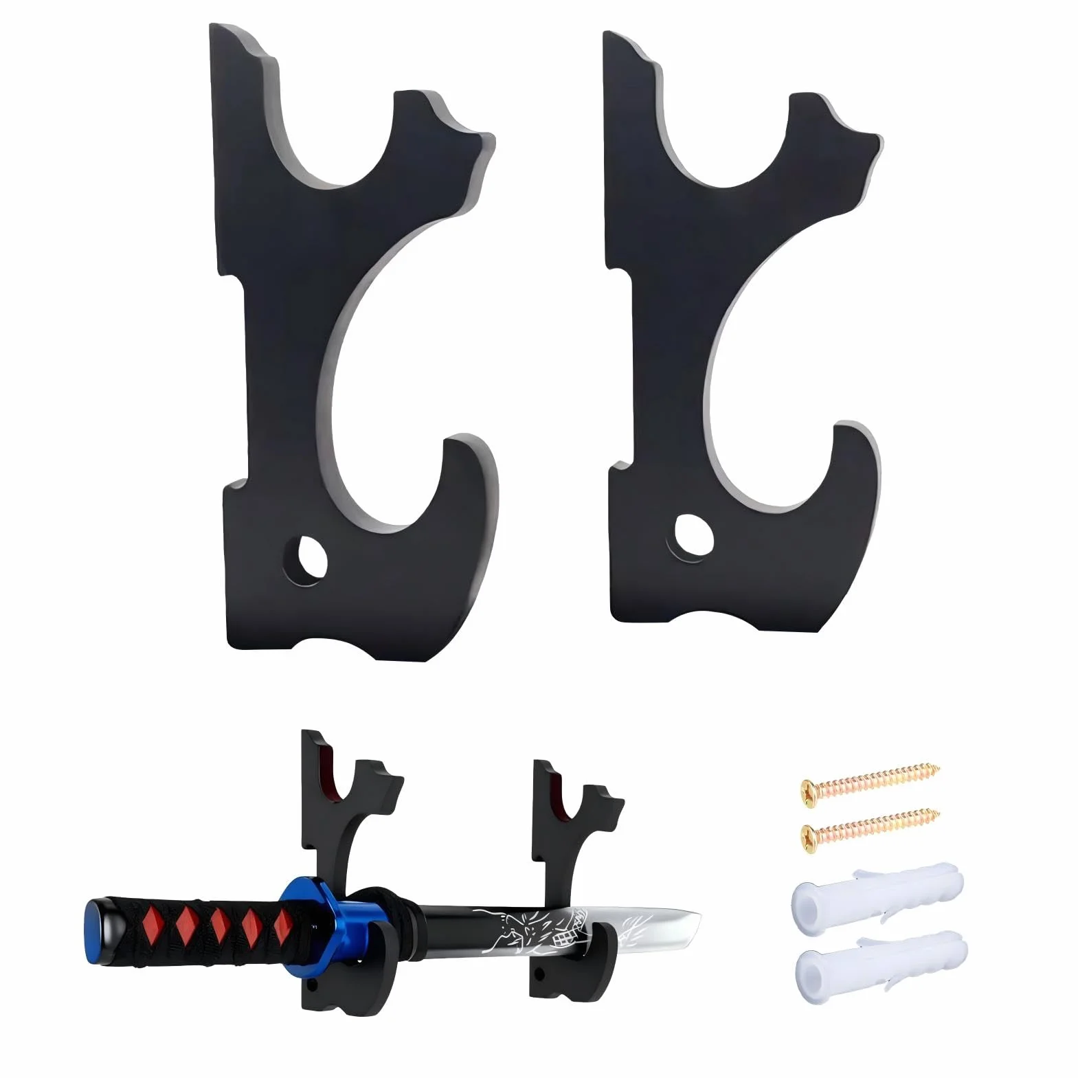 Soporte de Pared para Katana y Espadas Samurai, 2 Niveles Ajustable con Ganchos Acolchados, Exhibidor de Madera Negra