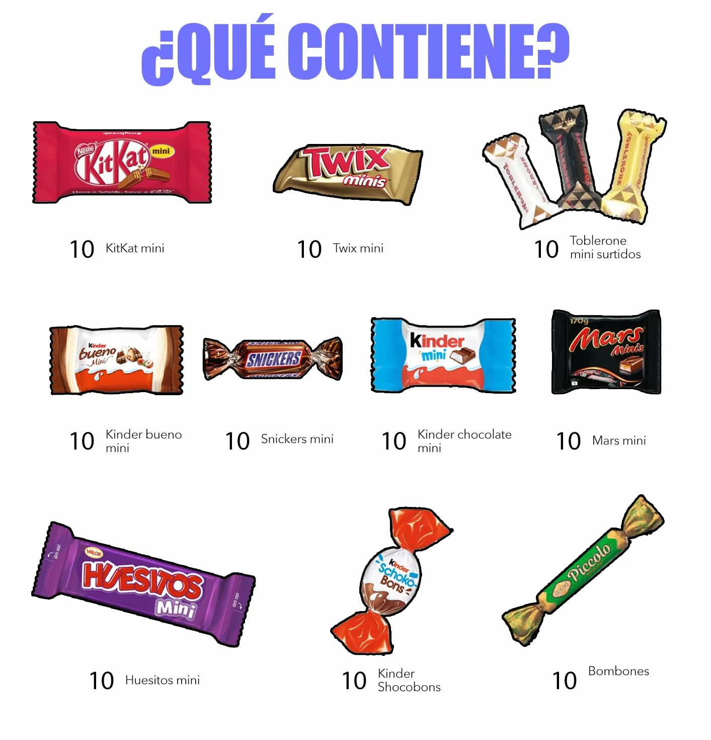 +100 Unidades Surtido de Mini Chocolates | Regalo Original Caja Gourmet Chocolates MINI I Versiones Miniatures de Kit Kat, Toblerone, Kinder Bueno, Twix, Snickers, Kinder Chocolate, Shochobons y Mars