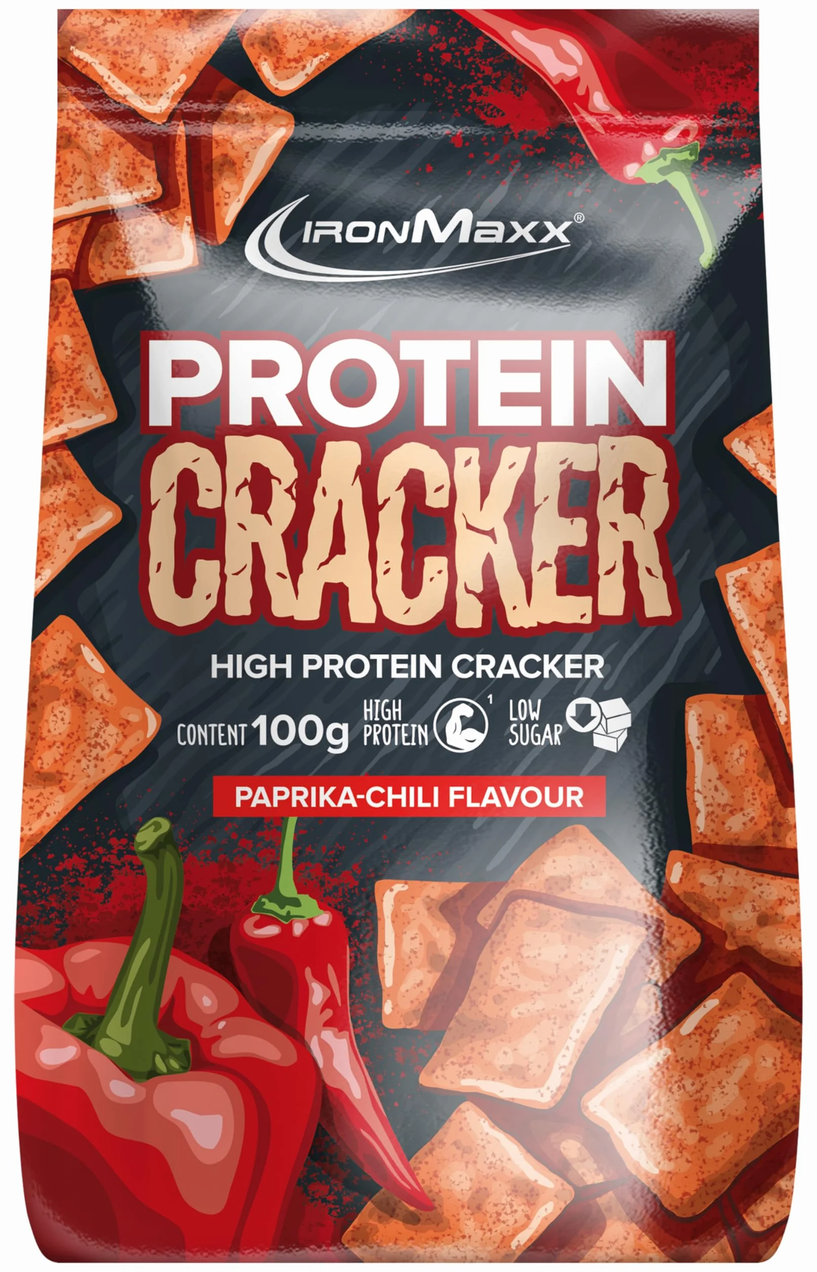 IronMaxx Galletas Saladas Proteicas Sabor Pimienta y Chile 100g - Aperitivo Crujiente con 21% de Proteina - Bajo en Azucar, Horneadas y No Fritas - Ideal para un Estilo de Vida Activo