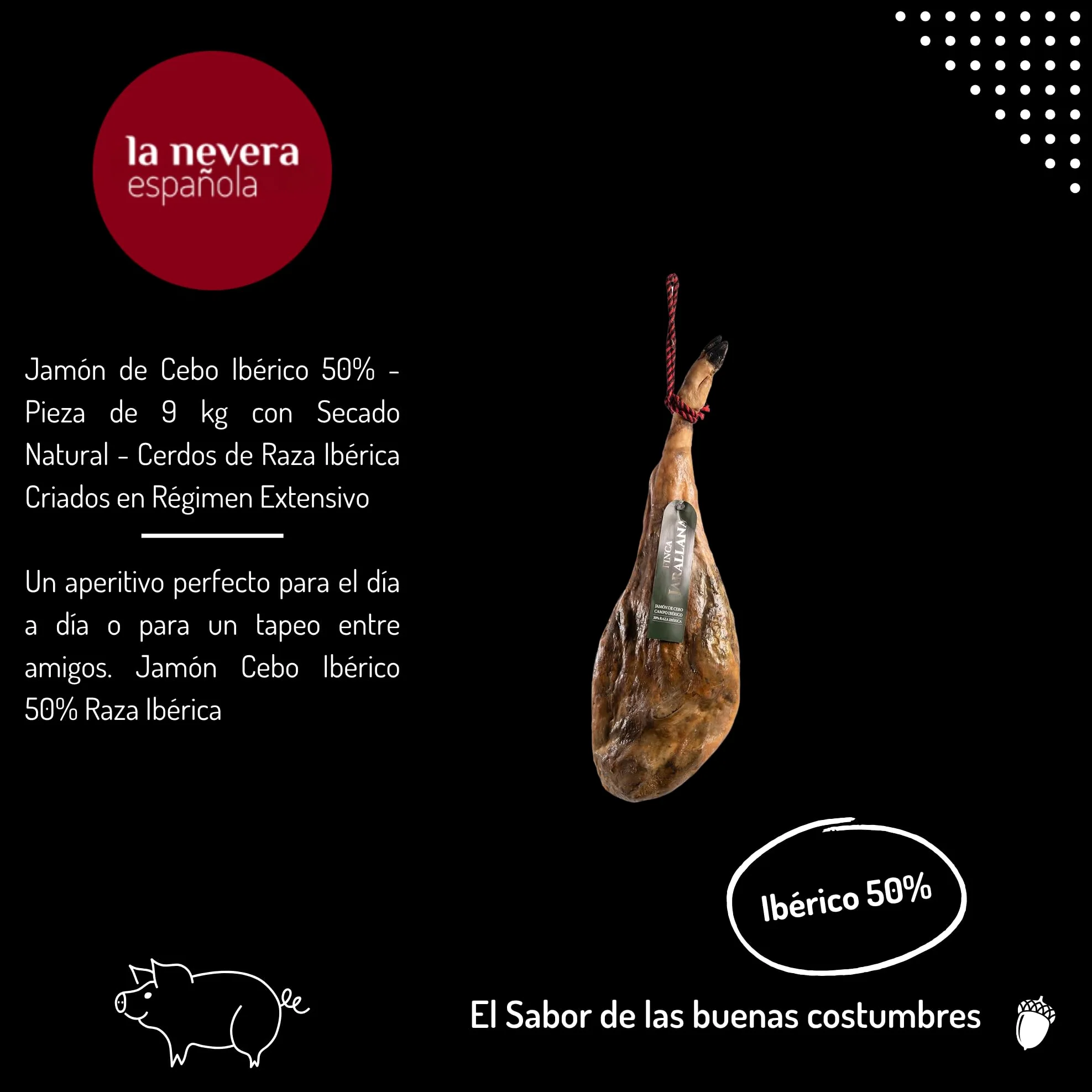Finca Jarallana - Jamón de Cebo Campo 50% Ibérico - Pieza de 9 kg con Secado Natural y Curación +36 meses - Cerdos de Raza Ibérica