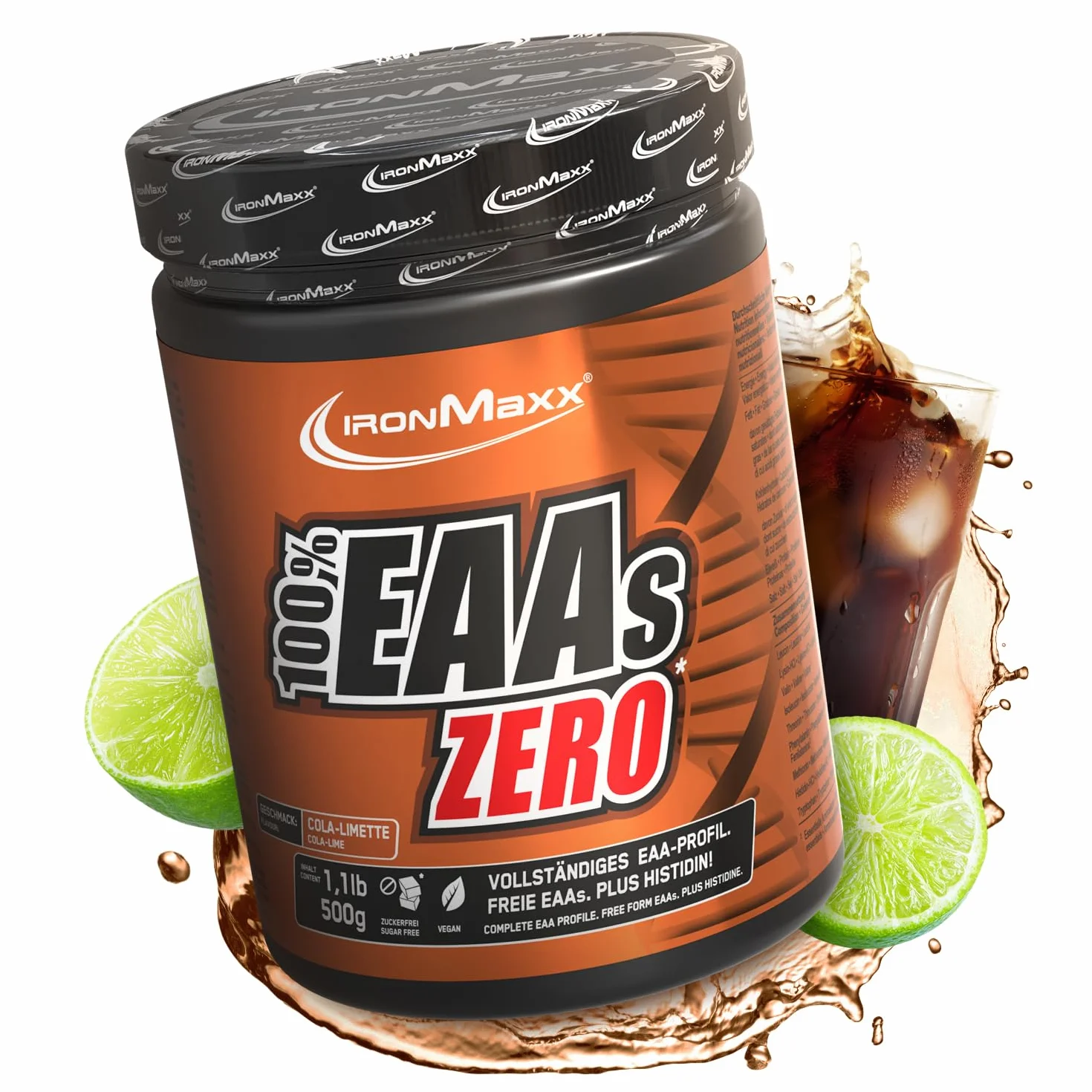 IronMaxx 100% EAAs Cero - Cola Lima bote de 500g | polvo de EAA, vegano y sin azúcares con todos los 8 aminoácidos esenciales | sabor afrutado, sin conservantes