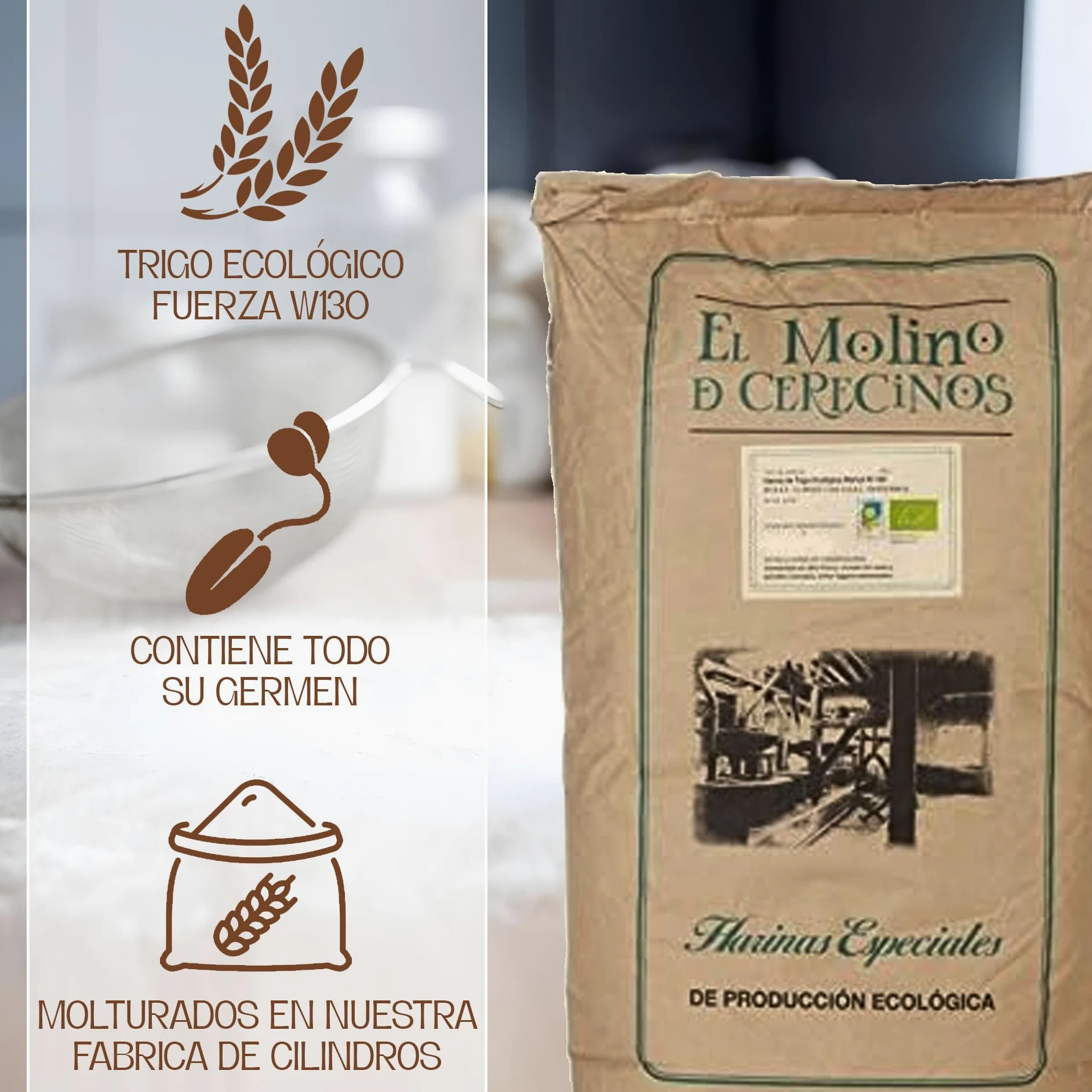 Harina De Trigo Ecológica Blanca W130 | Selección de Trigos Ecológicos y Molturados en Cilindros, con Todo el Germen del Trigo | Aporta Aroma y Sabor | Harina de Fuerza Suave, 25Kg