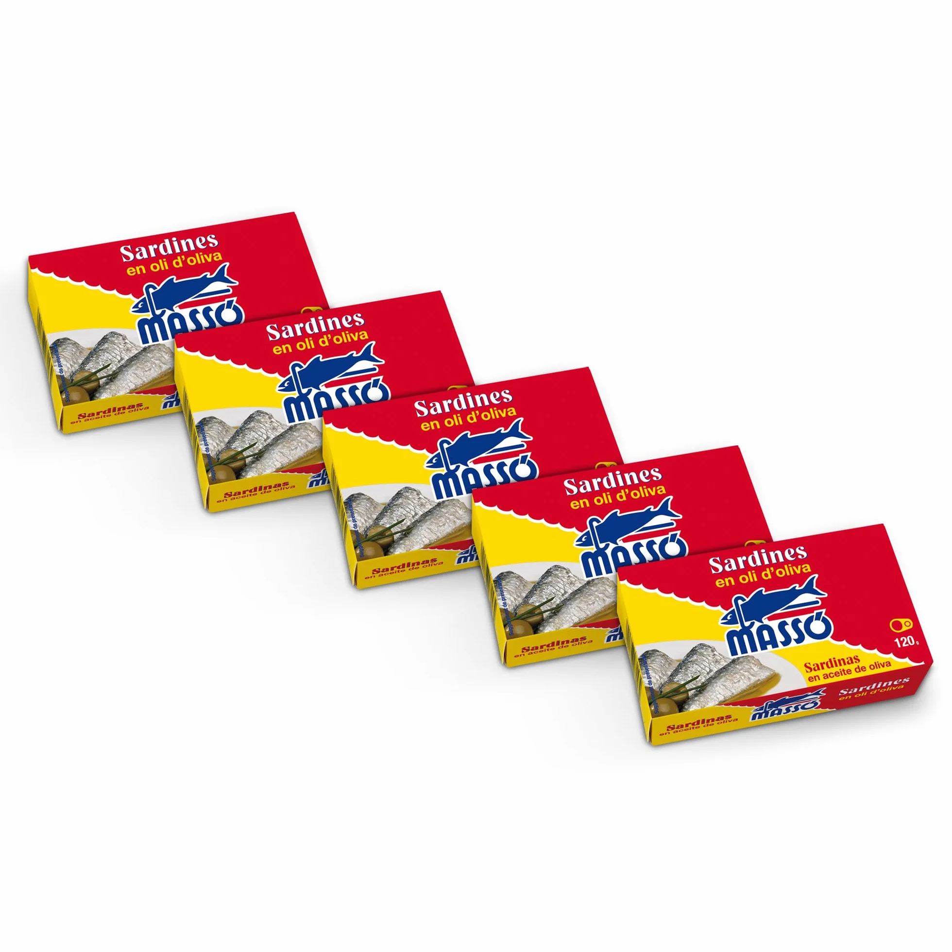 Massó Sardinas en aceite de oliva, 1 pack de 5 latas de 120gr, en catalán.